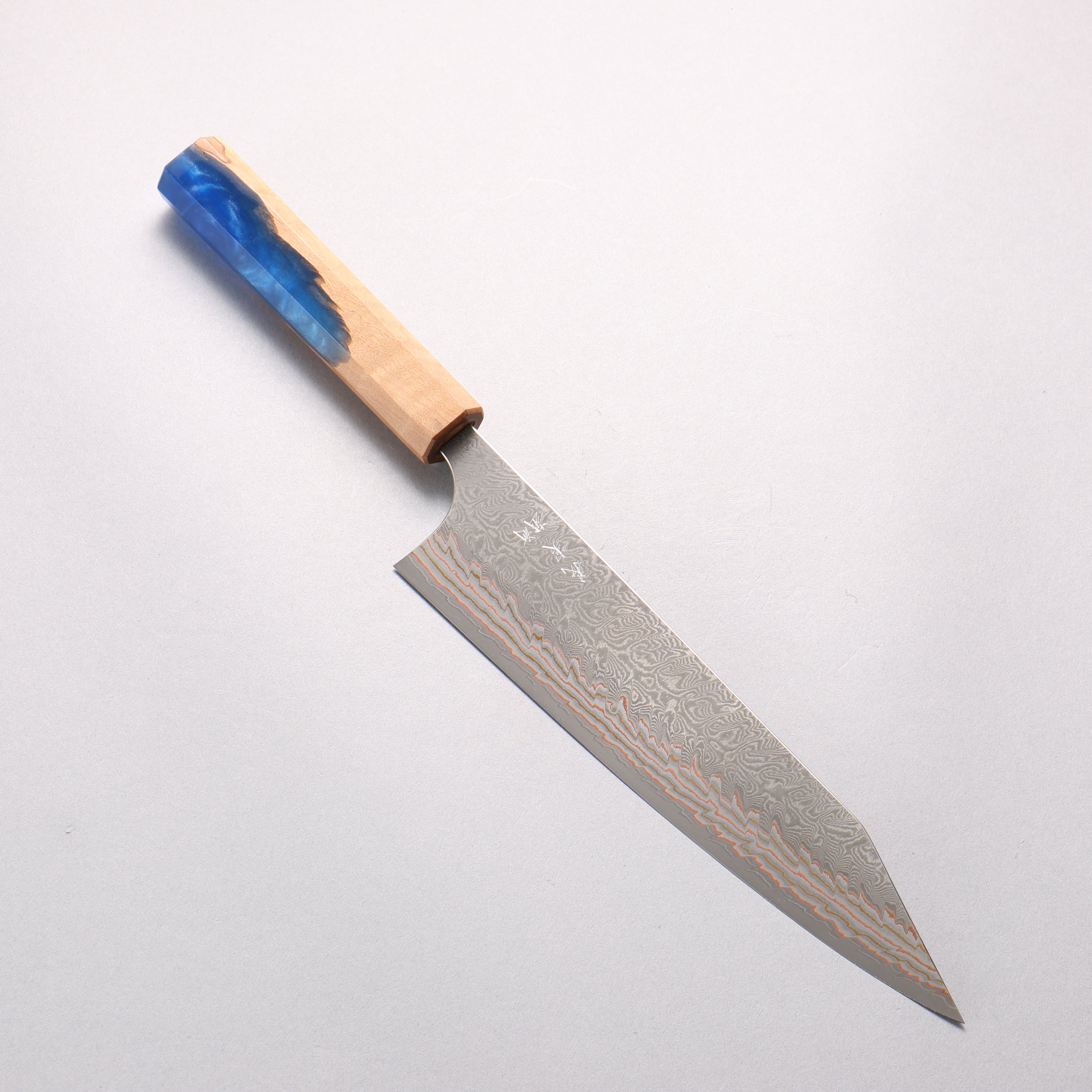 Yoshimi Kato VG10w Colored Damascus Kiritsuke Gyuto 210mm Olive Tree and Blue Resin Handle - Seisuke Knife