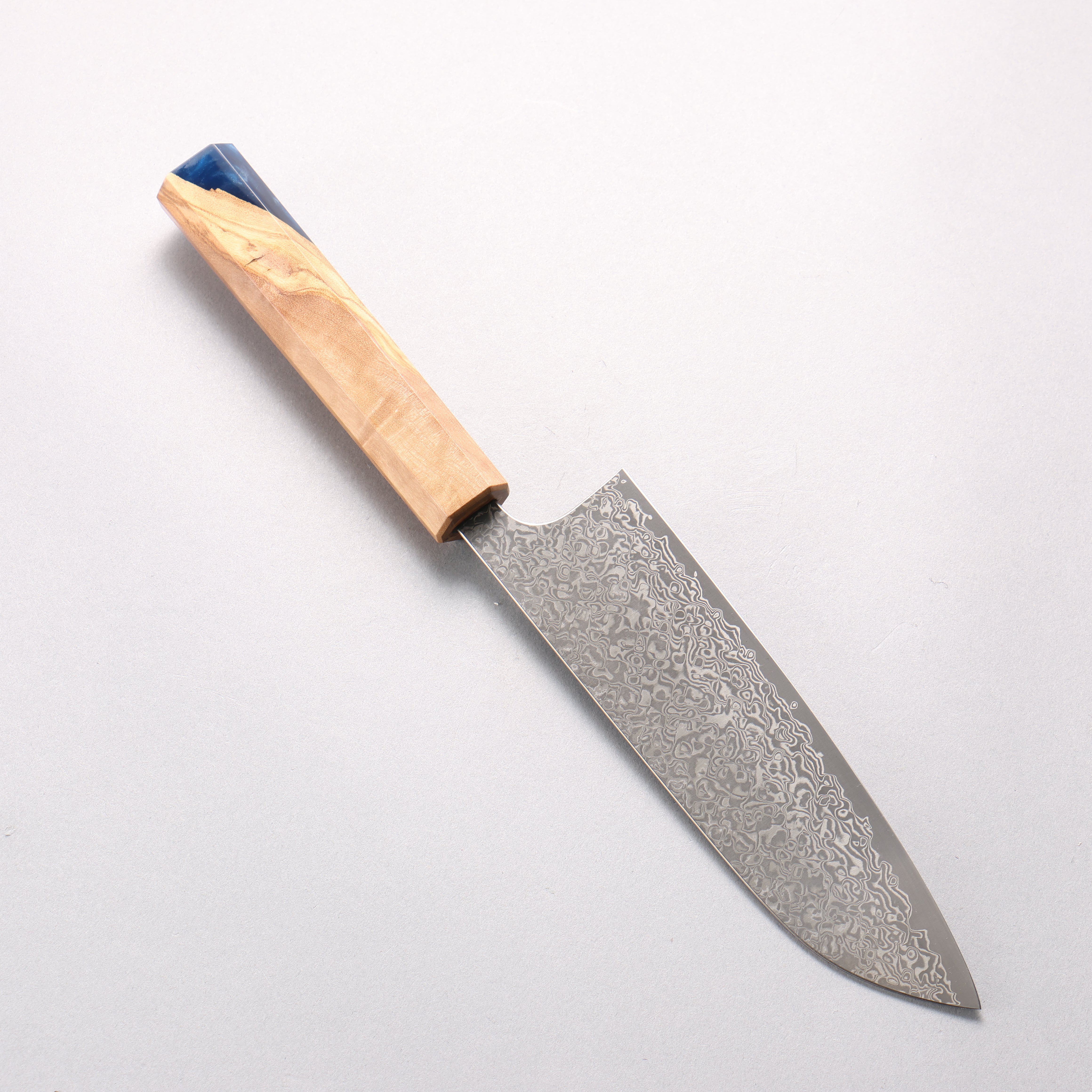 Yoshimi Kato VG10 Black Damascus Santoku 170mm Olive Tree and Blue Resin Handle - Seisuke Knife