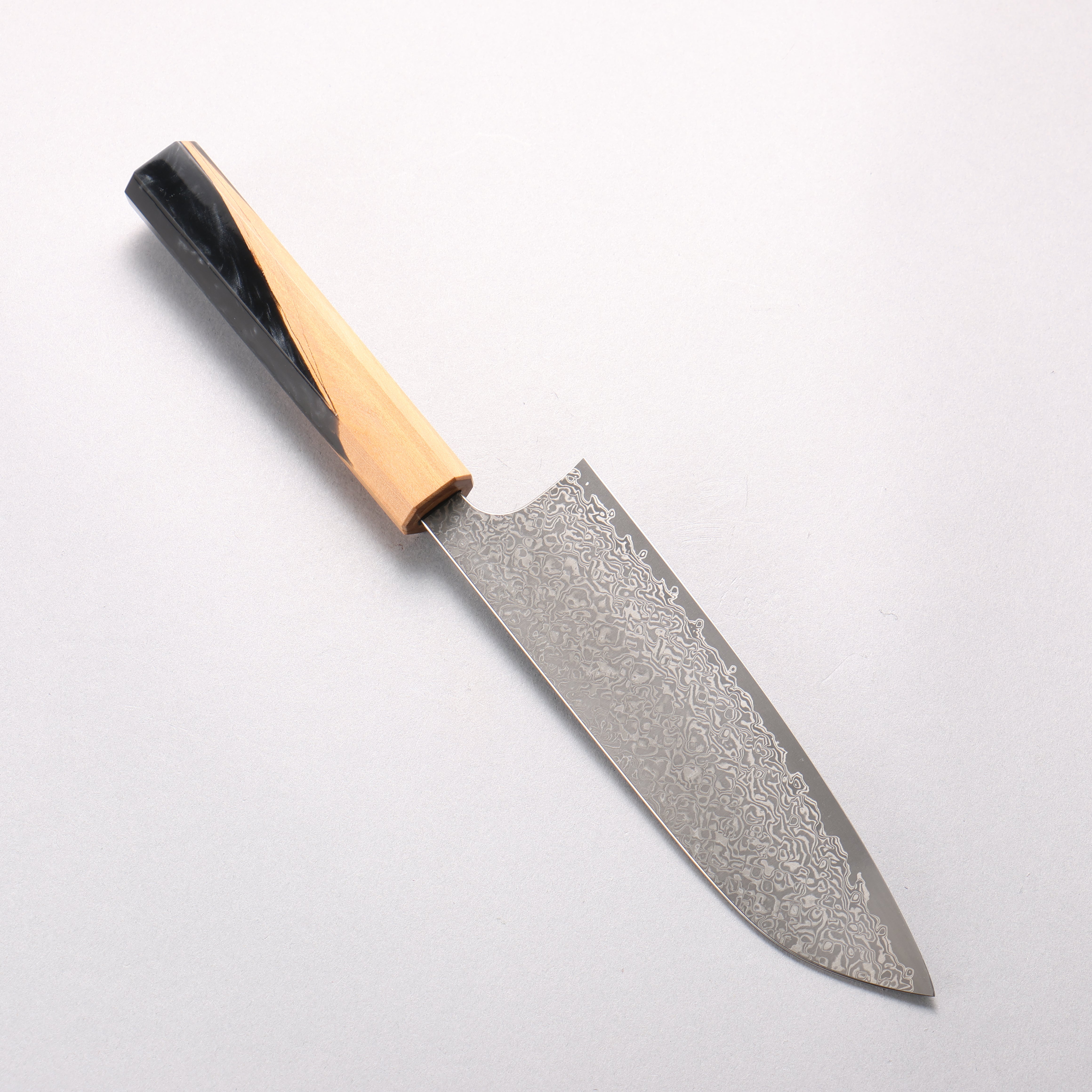 Yoshimi Kato VG10 Black Damascus Santoku 170mm Olive Tree and Black/White Marble Resin Handle - Seisuke Knife