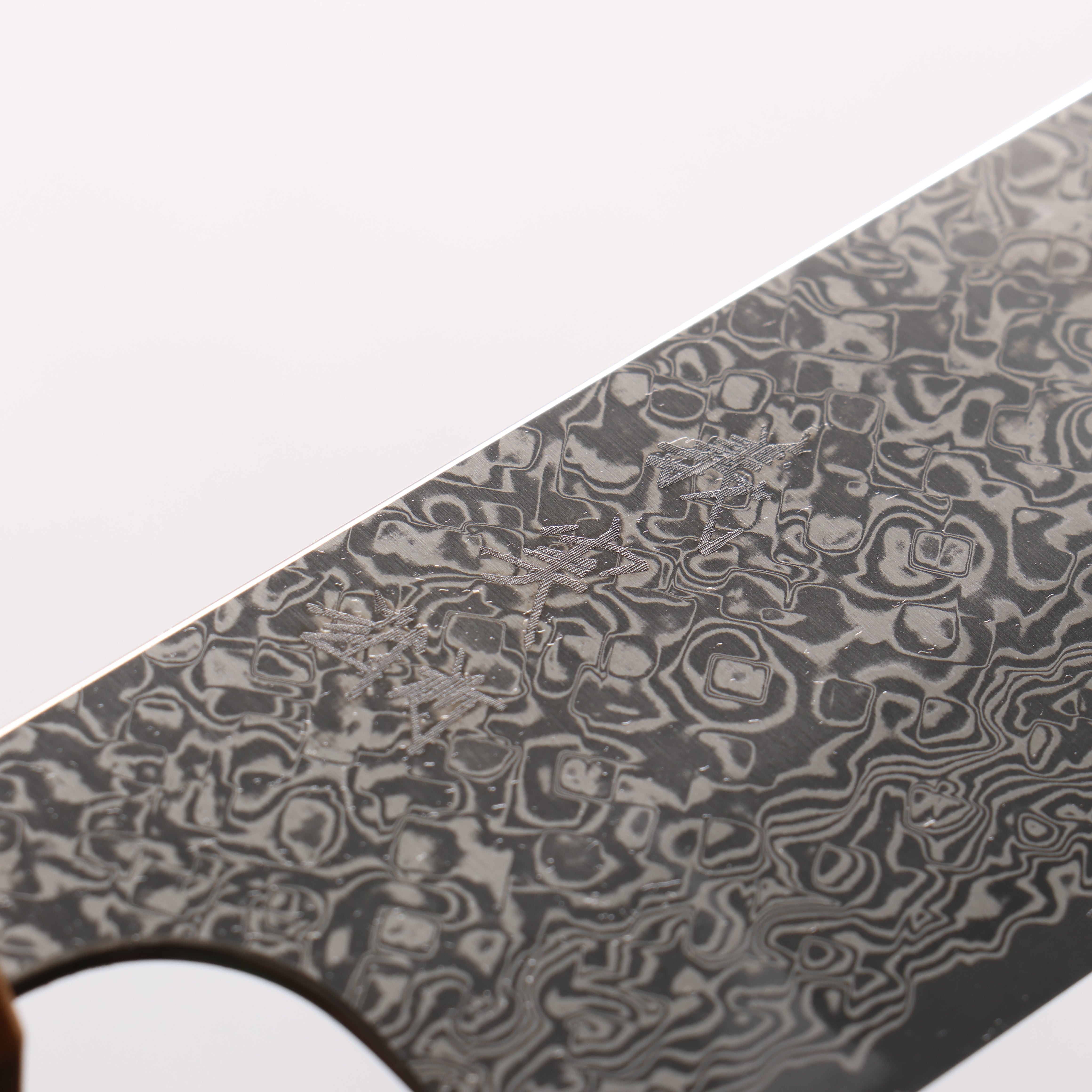 Yoshimi Kato VG10 Black Damascus Santoku 170mm Olive Tree and Black/White Marble Resin Handle - Seisuke Knife