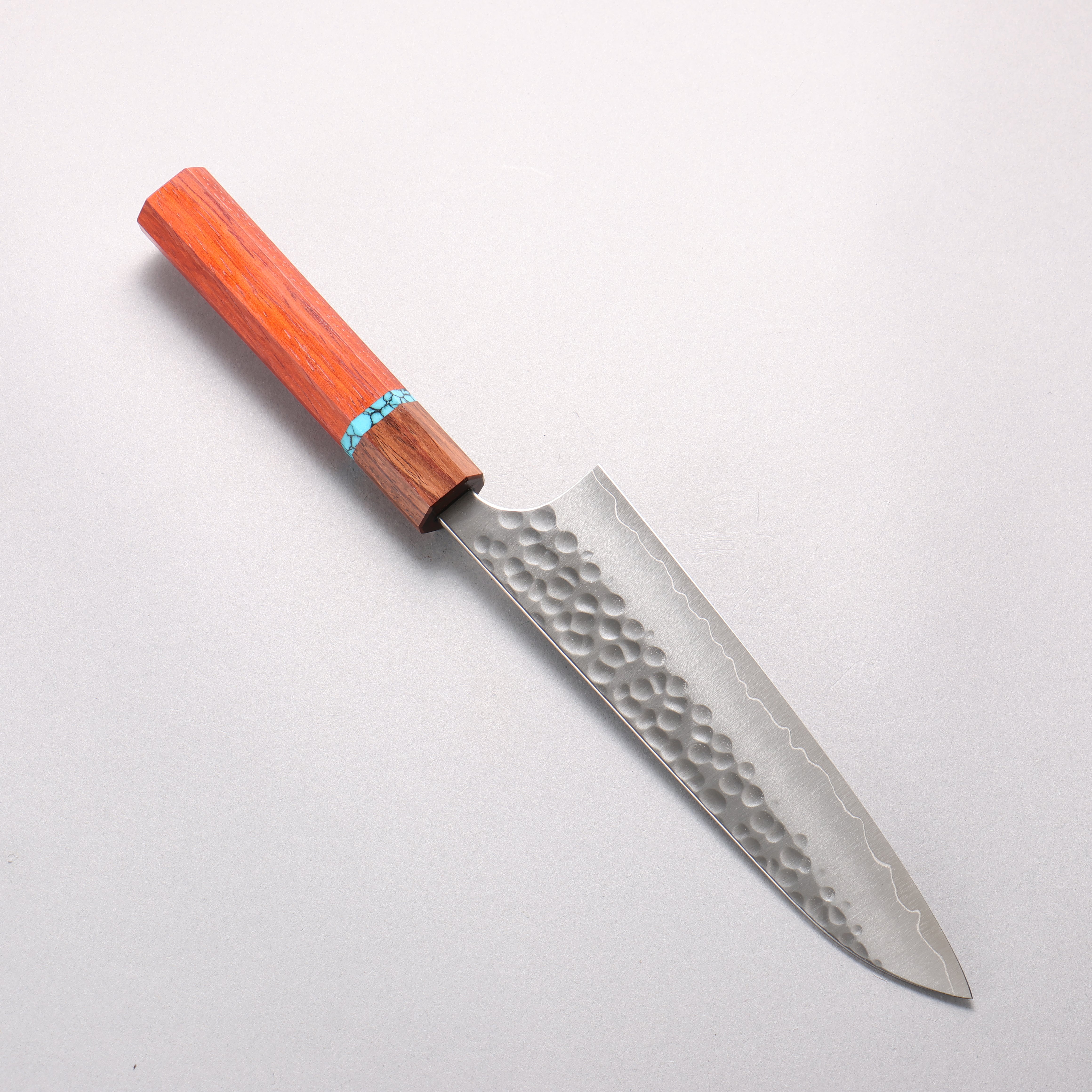 Yoshimi Kato Silver Steel No.3 Maru Hammered Migaki Finished Gyuto 180mm Padoauk & Turquoise Ring Handle - Seisuke Knife
