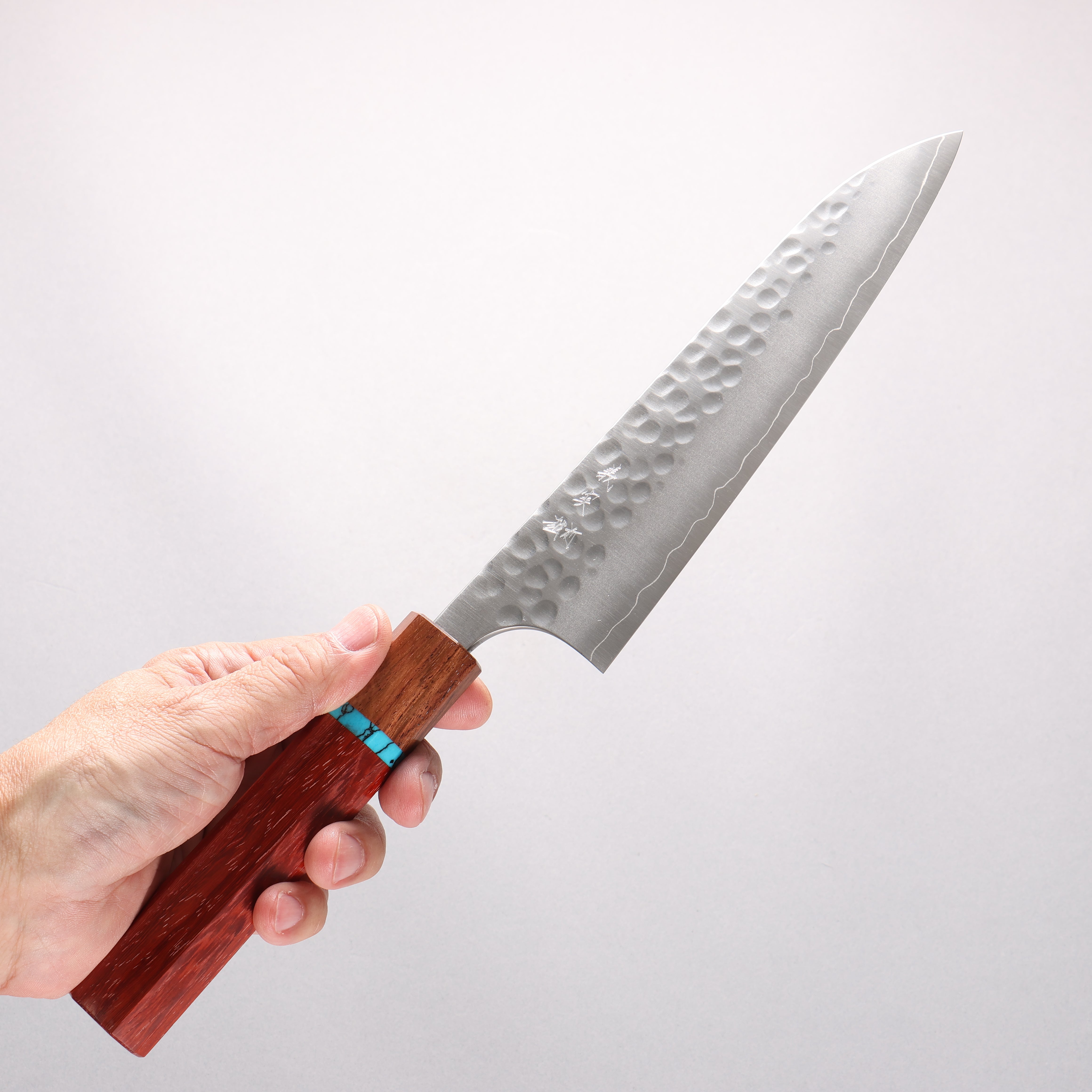 Yoshimi Kato Silver Steel No.3 Maru Hammered Migaki Finished Gyuto 180mm Padoauk & Turquoise Ring Handle - Seisuke Knife