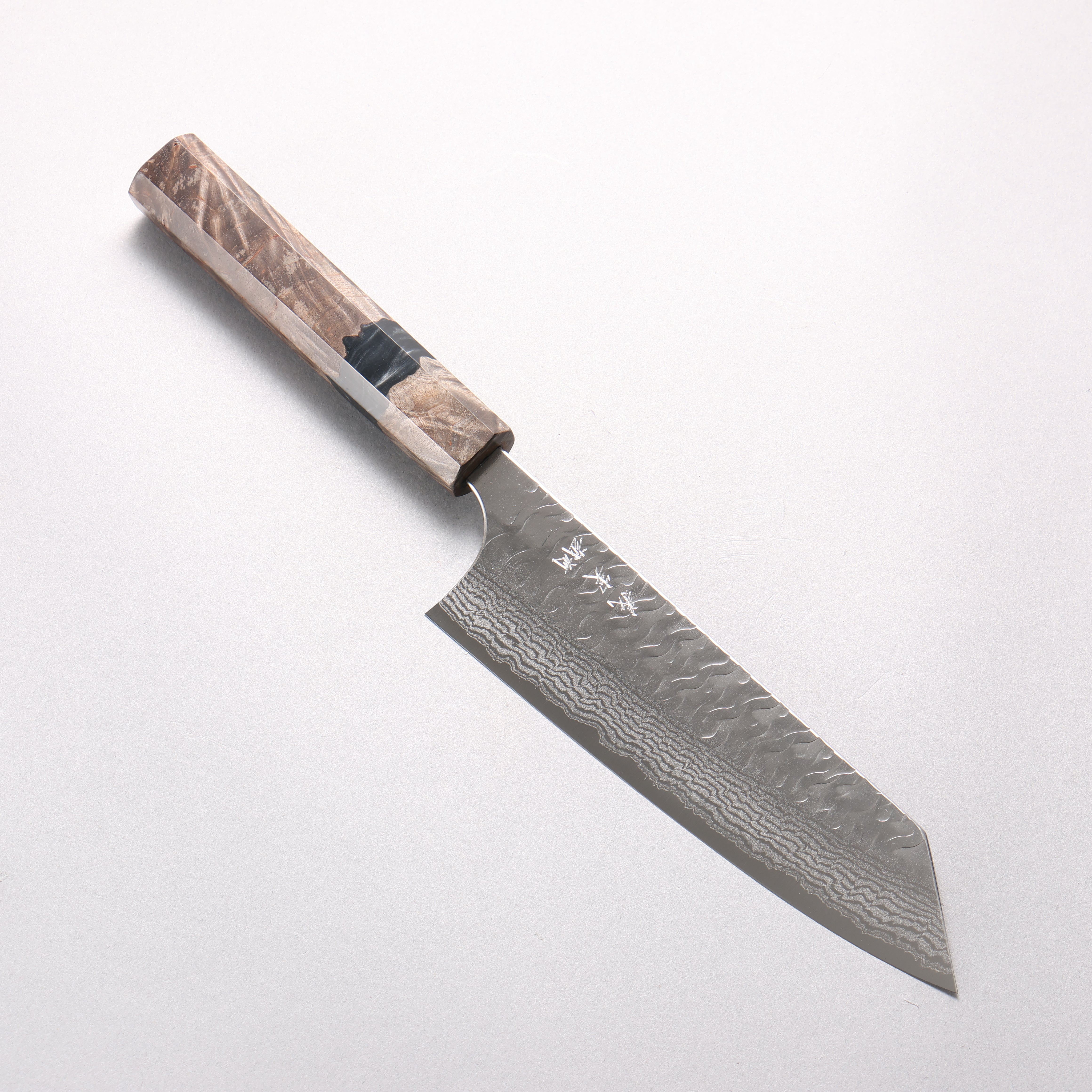 Yoshimi Kato Nami VG-XEOS Hammered Damascus Bunka 170mm Stabilized Birch with Black Resin Handle - Seisuke Knife