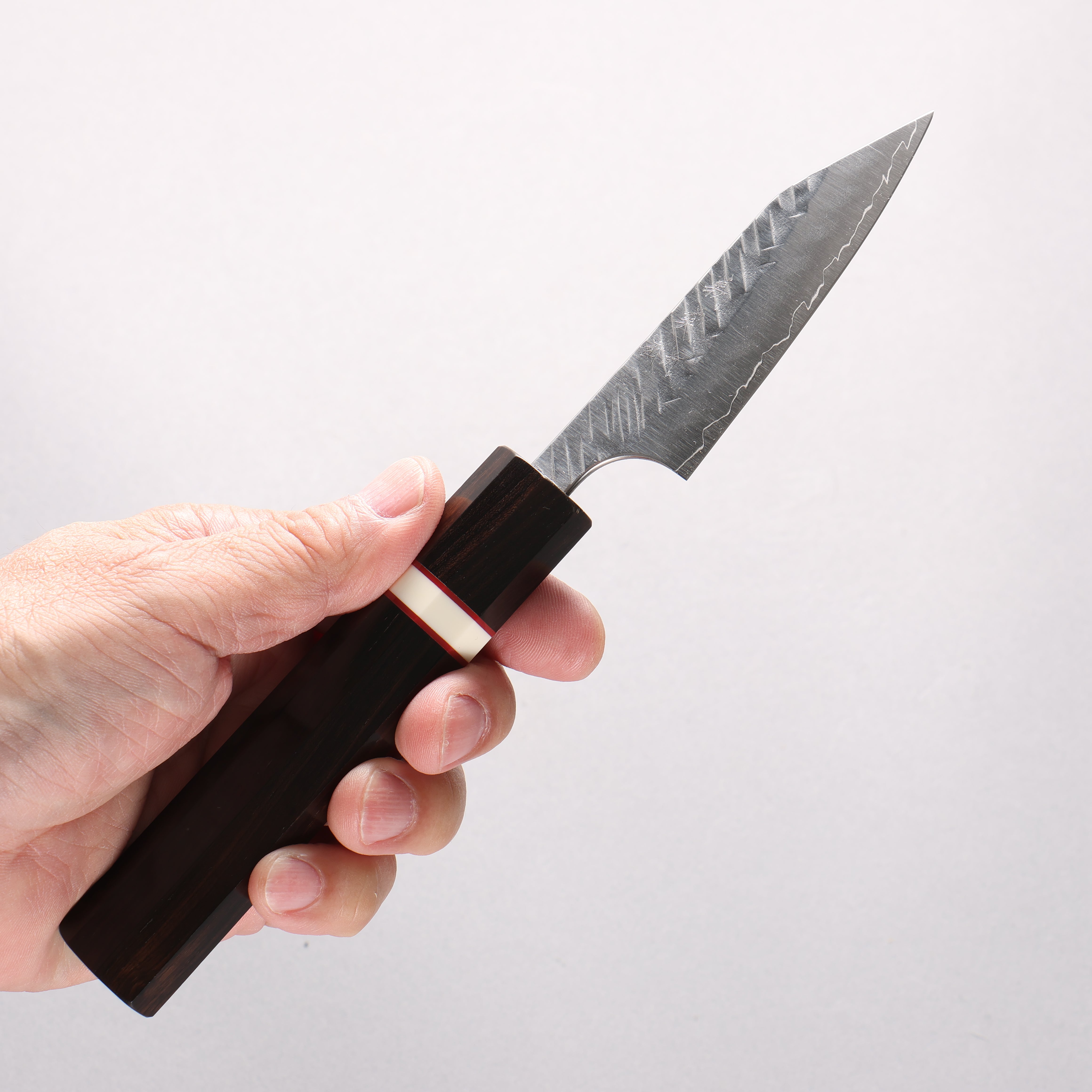 Yoshimi Kato SPG STRIX V-Hammered Kiritsuke Paring 80mm Ebony Wood & White Ring Handle - Seisuke Knife