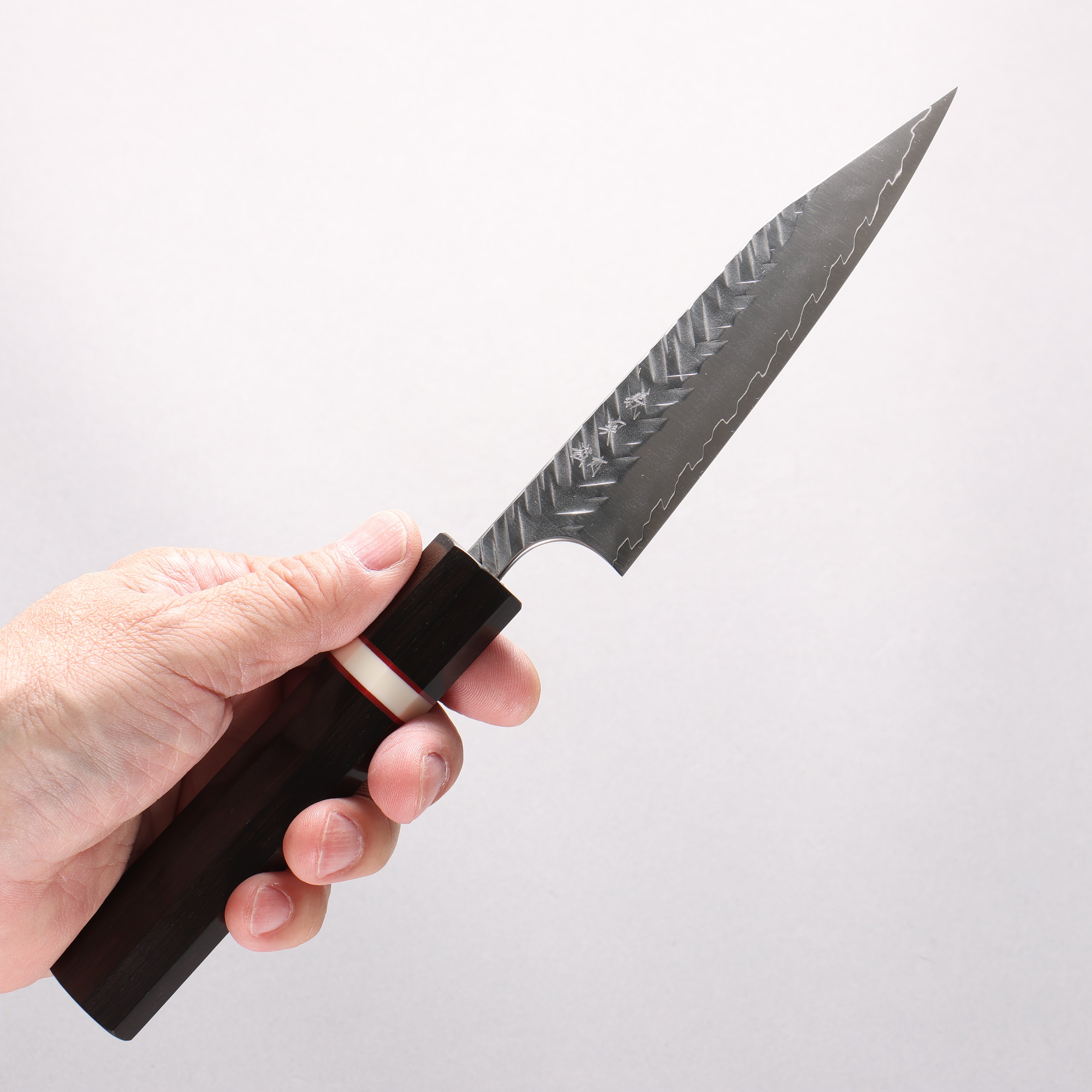 Yoshimi Kato SPG STRIX V-Hammered Kiritsuke Petty-Utility 120mm Ebony Wood & White Ring Handle - Seisuke Knife