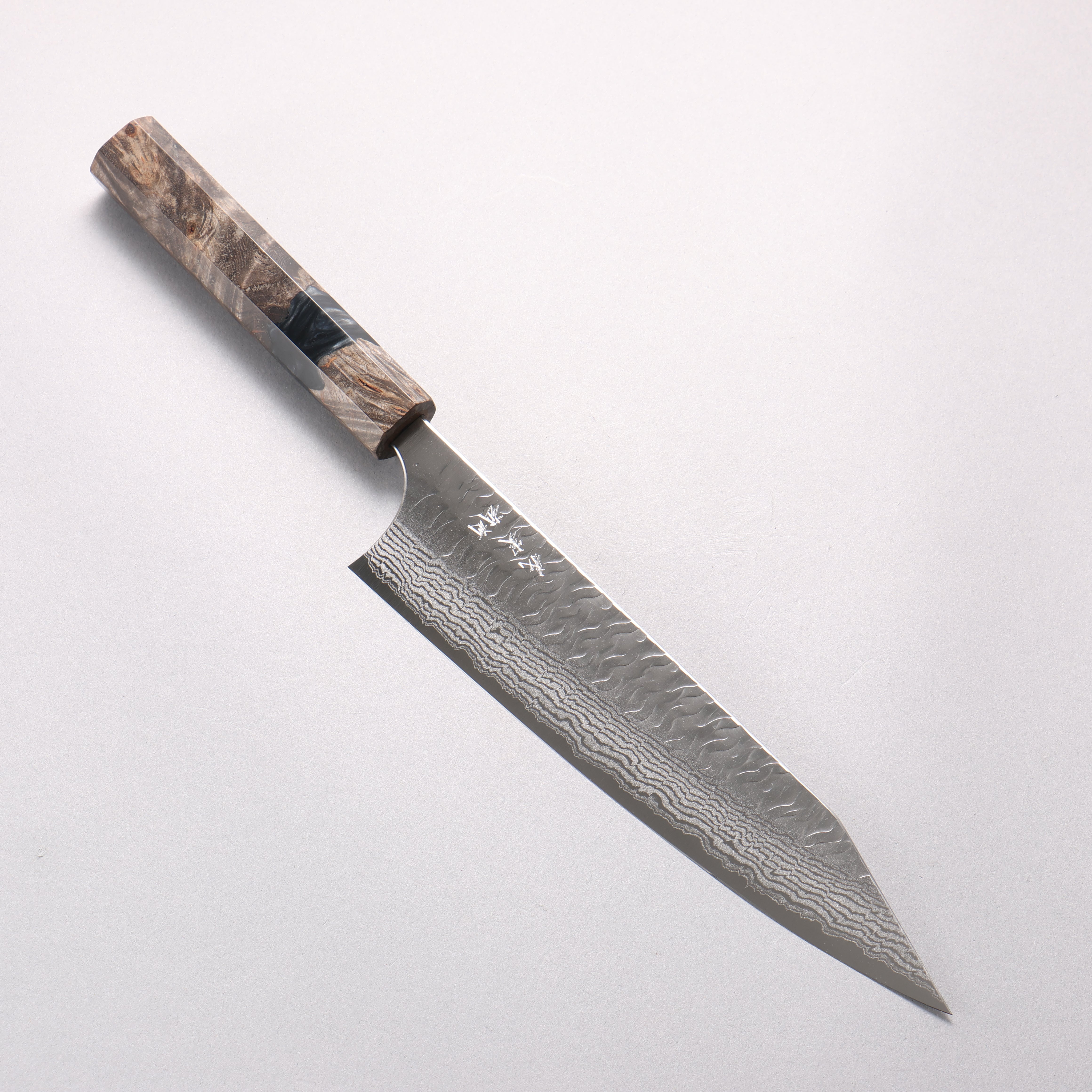 Yoshimi Kato Nami VG-XEOS Hammered Damascus Kiritsuke Gyuto 210mm Stabilized Birch & Black Resin Handle - Seisuke Knife
