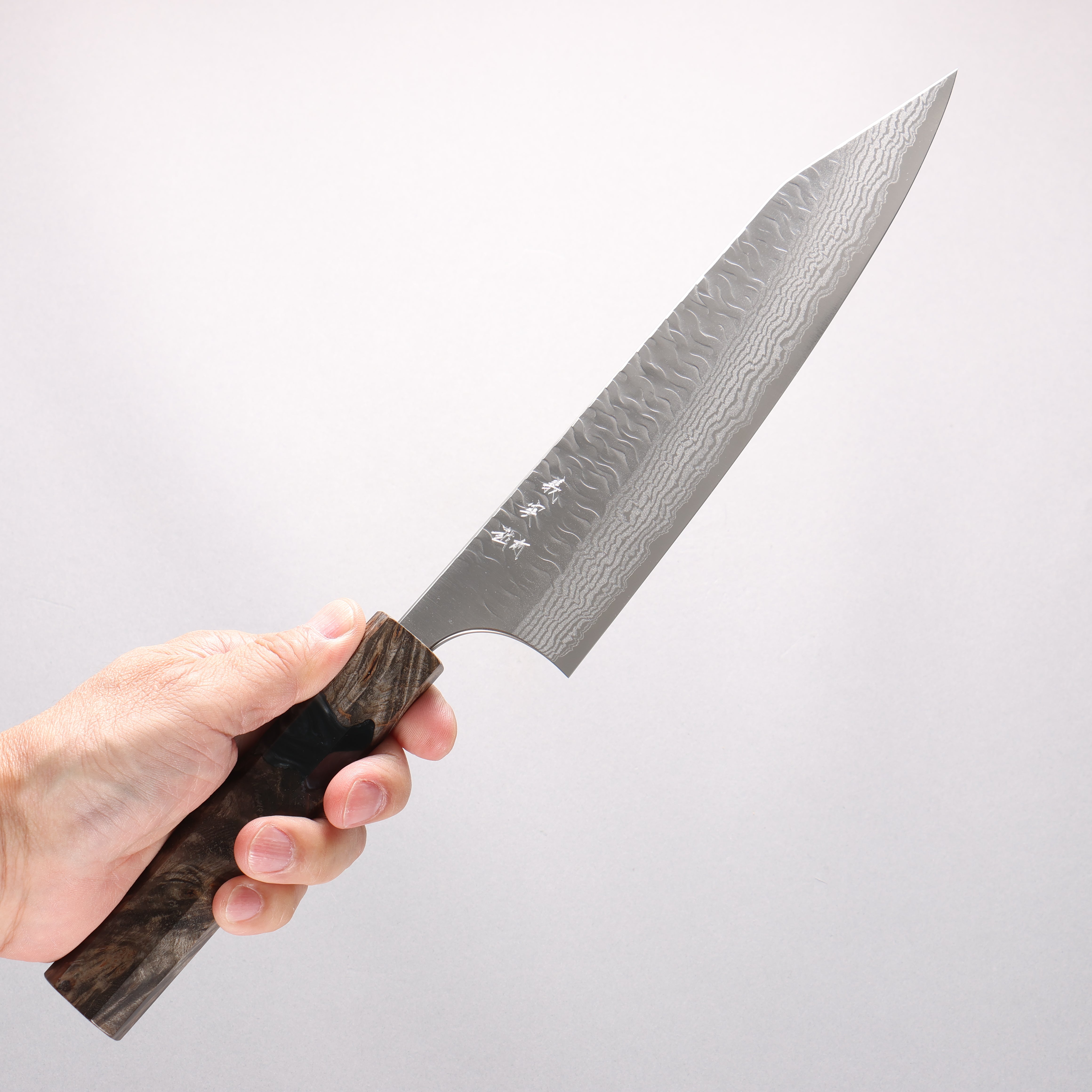 Yoshimi Kato Nami VG-XEOS Hammered Damascus Kiritsuke Gyuto 210mm Stabilized Birch & Black Resin Handle - Seisuke Knife