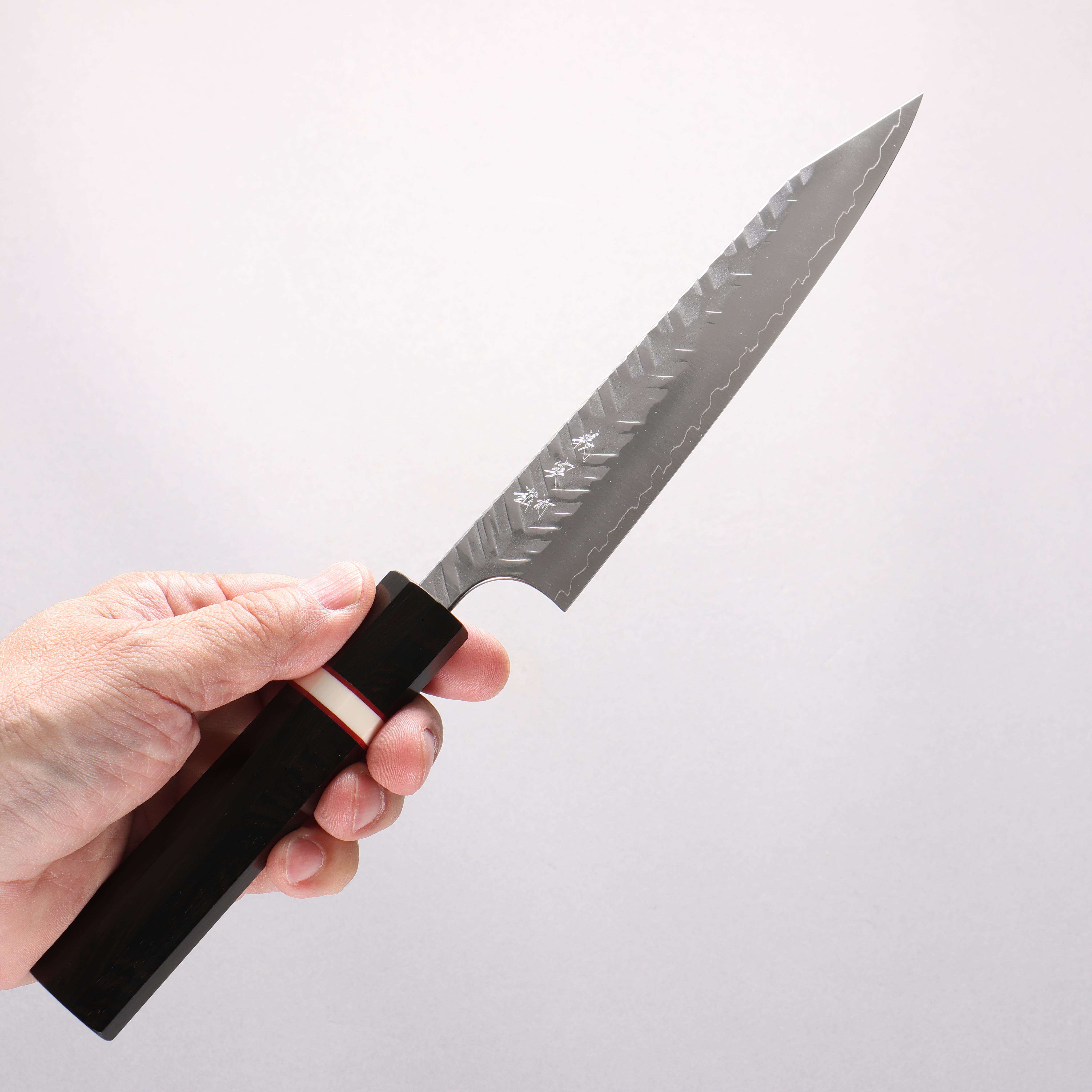 Yoshimi Kato SPG STRIX V-Hammered Kiritsuke Petty-Utility 150mm Ebony Wood & White Ring Handle - Seisuke Knife