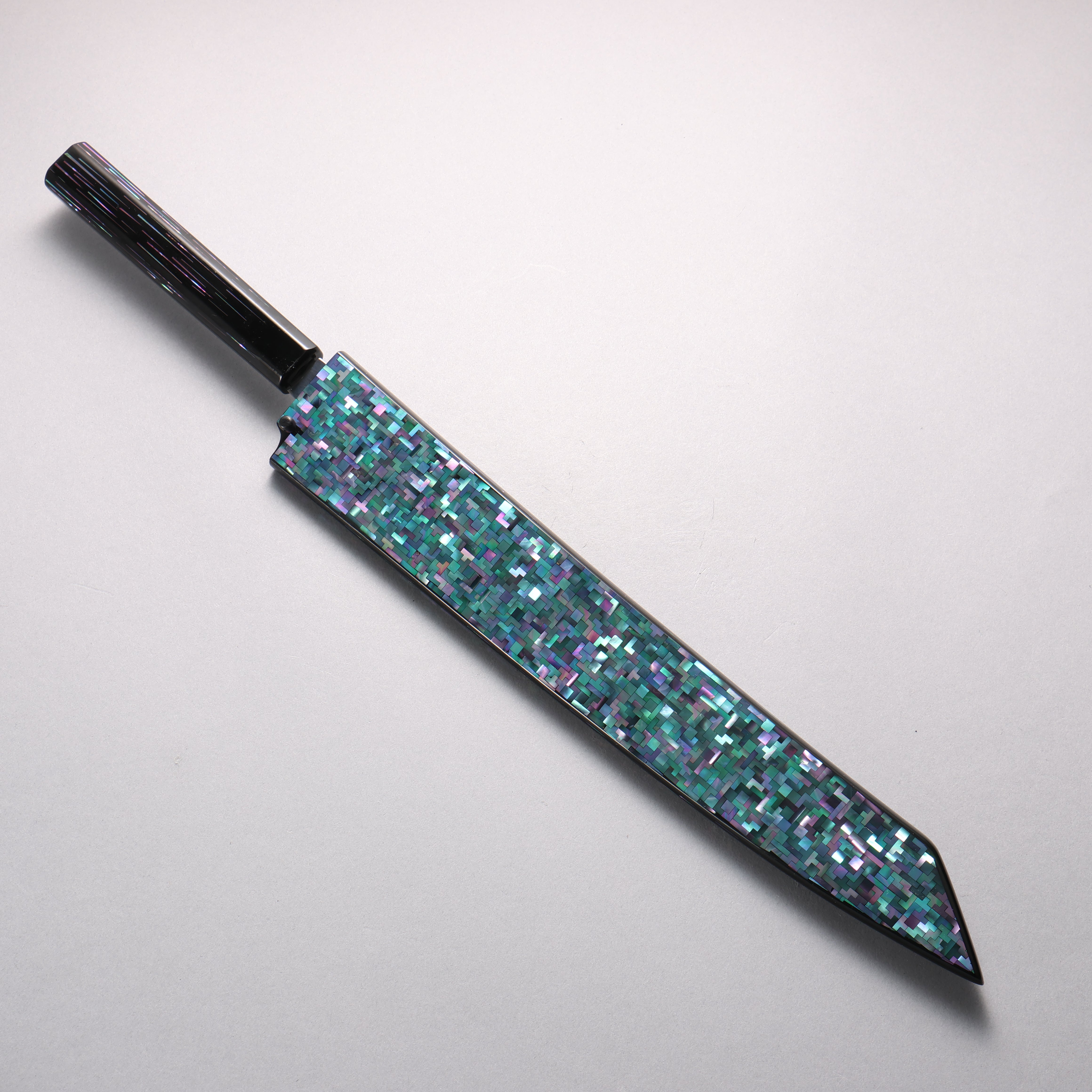 Sakai Takayuki Honyaki Hien VG10 Mirrored Finish Kengata Yanagiba 300mm Black Lacquered & Mother of Pearl Handle with Tetris Pattern Sheath - Seisuke Knife
