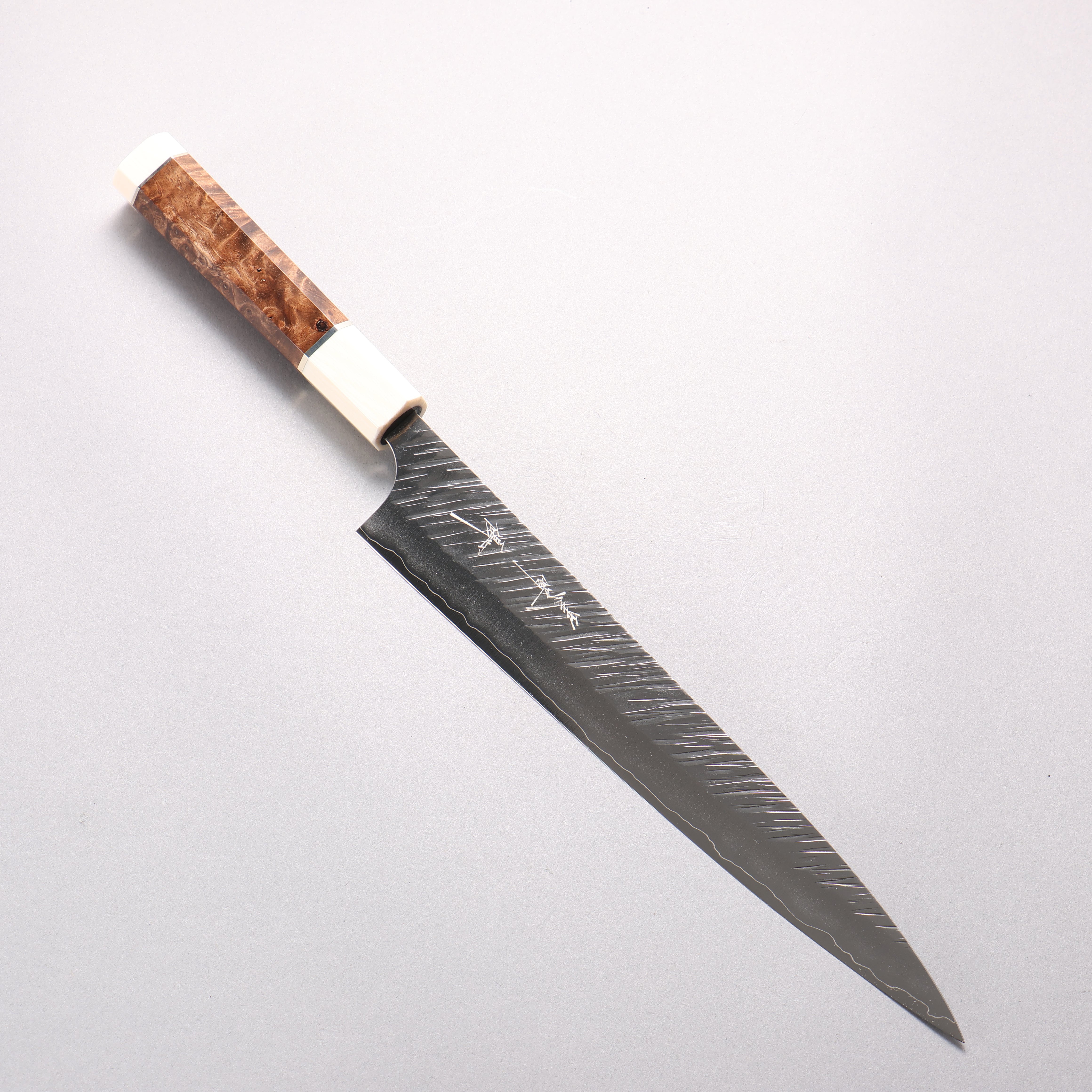 Yu Kurosaki Fujin SG2 Hammered Sujihiki 240mm Chinese Quince Burl & White End Caps Handle - Seisuke Knife