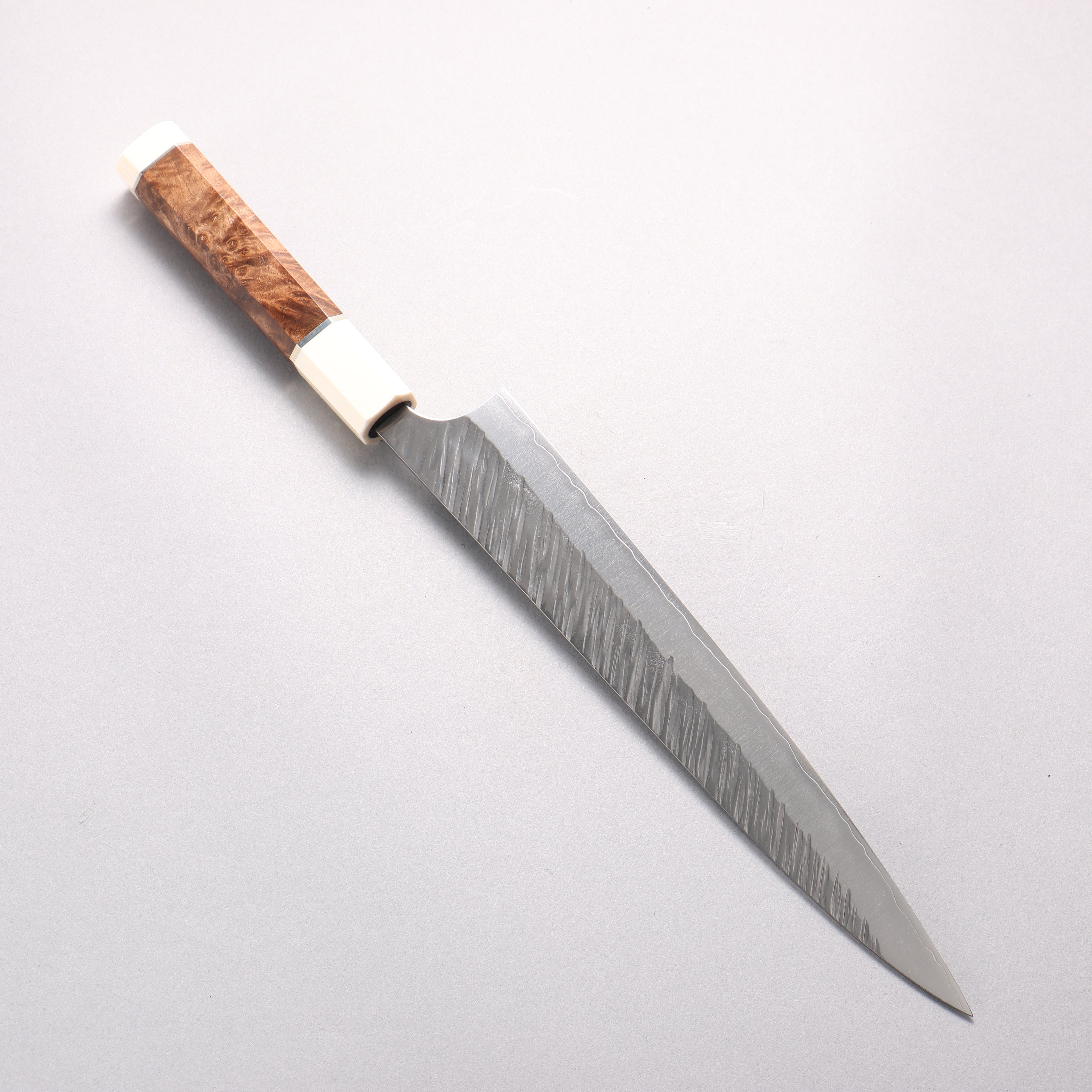 Yu Kurosaki Fujin SG2 Hammered Sujihiki 240mm Chinese Quince Burl & White End Caps Handle - Seisuke Knife