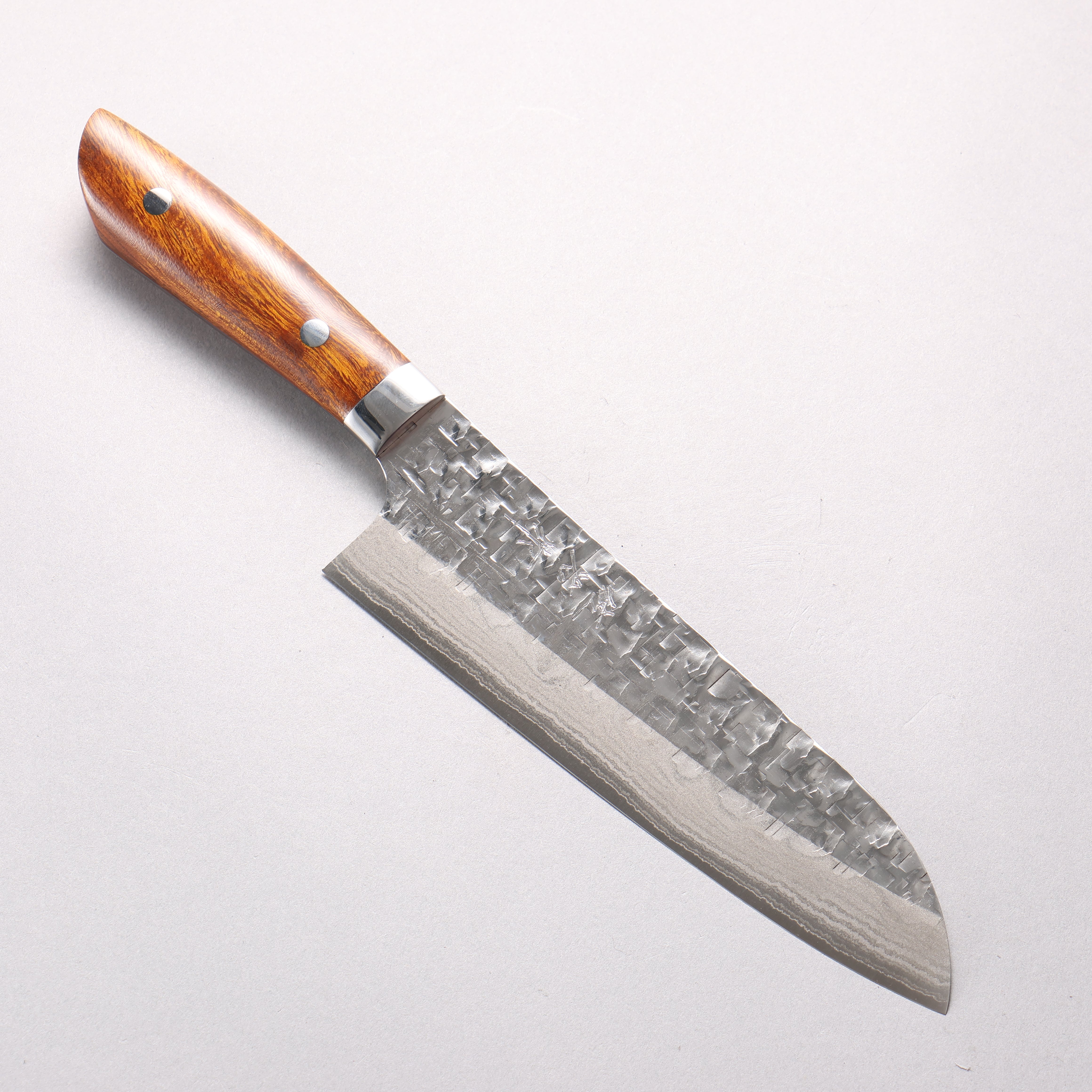 Takeshi Saji SRS13 Hammered Damascus Cross Santoku 180mm Ironwood Handle - Seisuke Knife