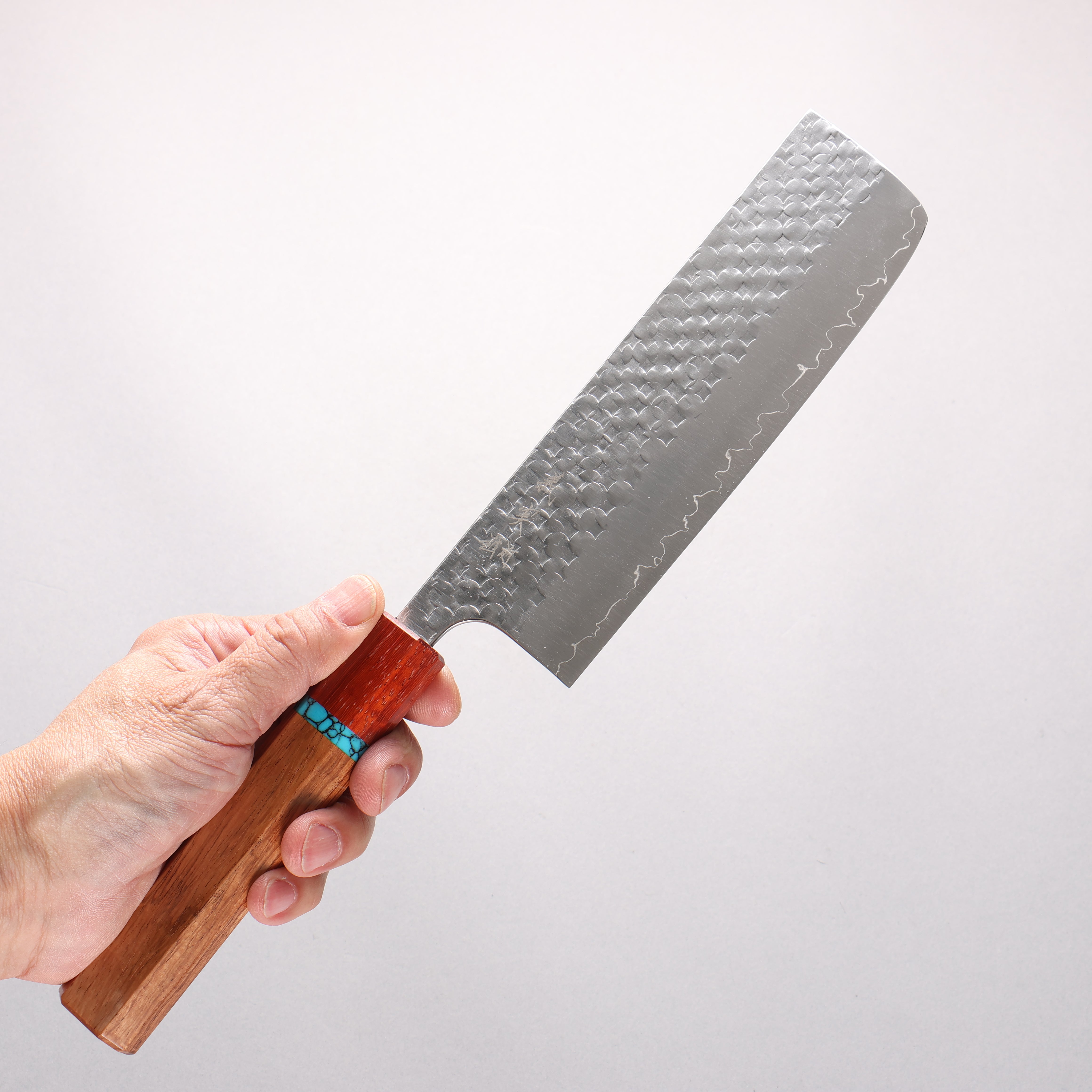 Yoshimi Kato Minamo II SPG STRIX Hammered Nakiri 165mm Rosewood & Turquoise Ring Handle - Seisuke Knife