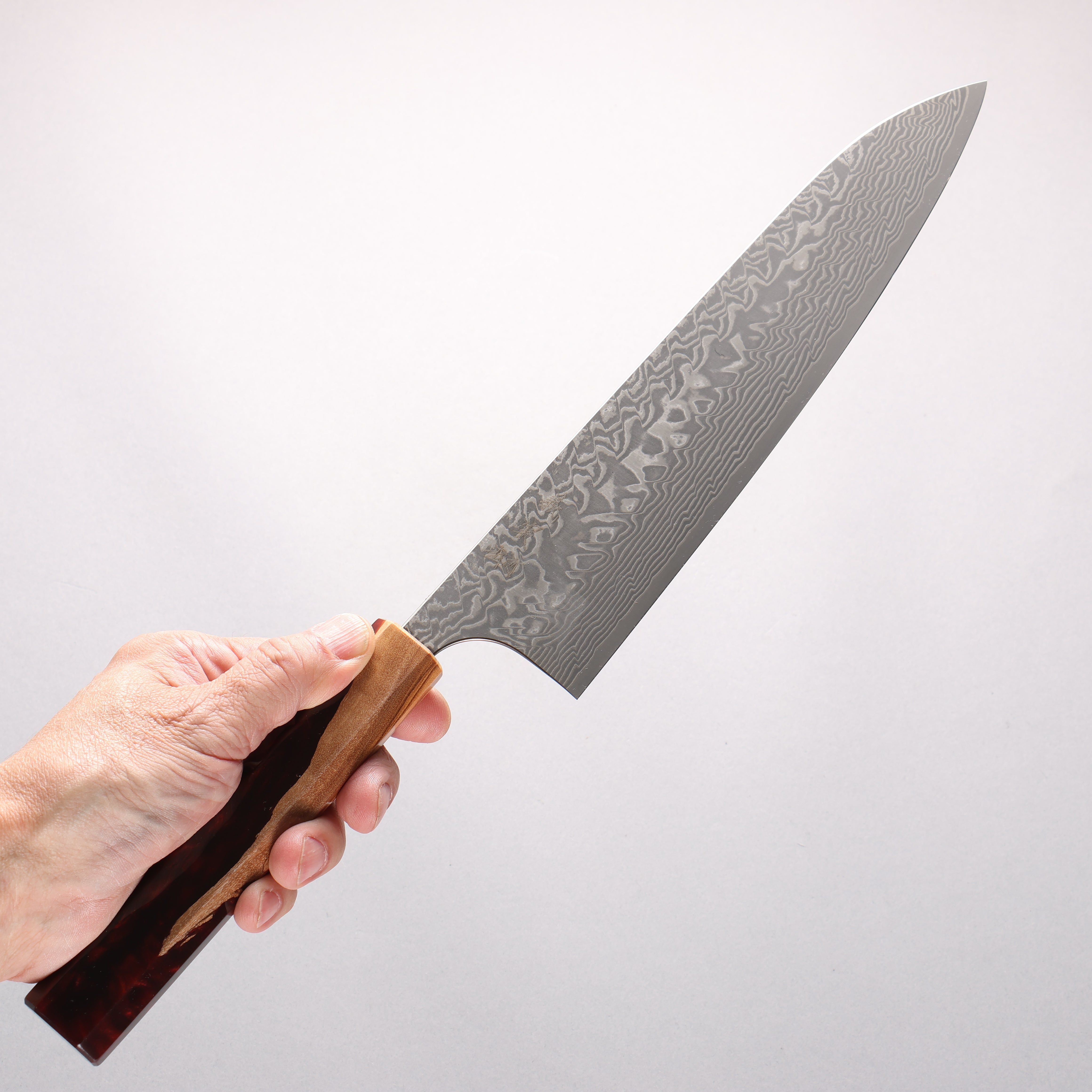 Yoshimi Kato SG2 Black Damascus Gyuto 240mm Olive Tree and Red Resin Handle - Seisuke Knife