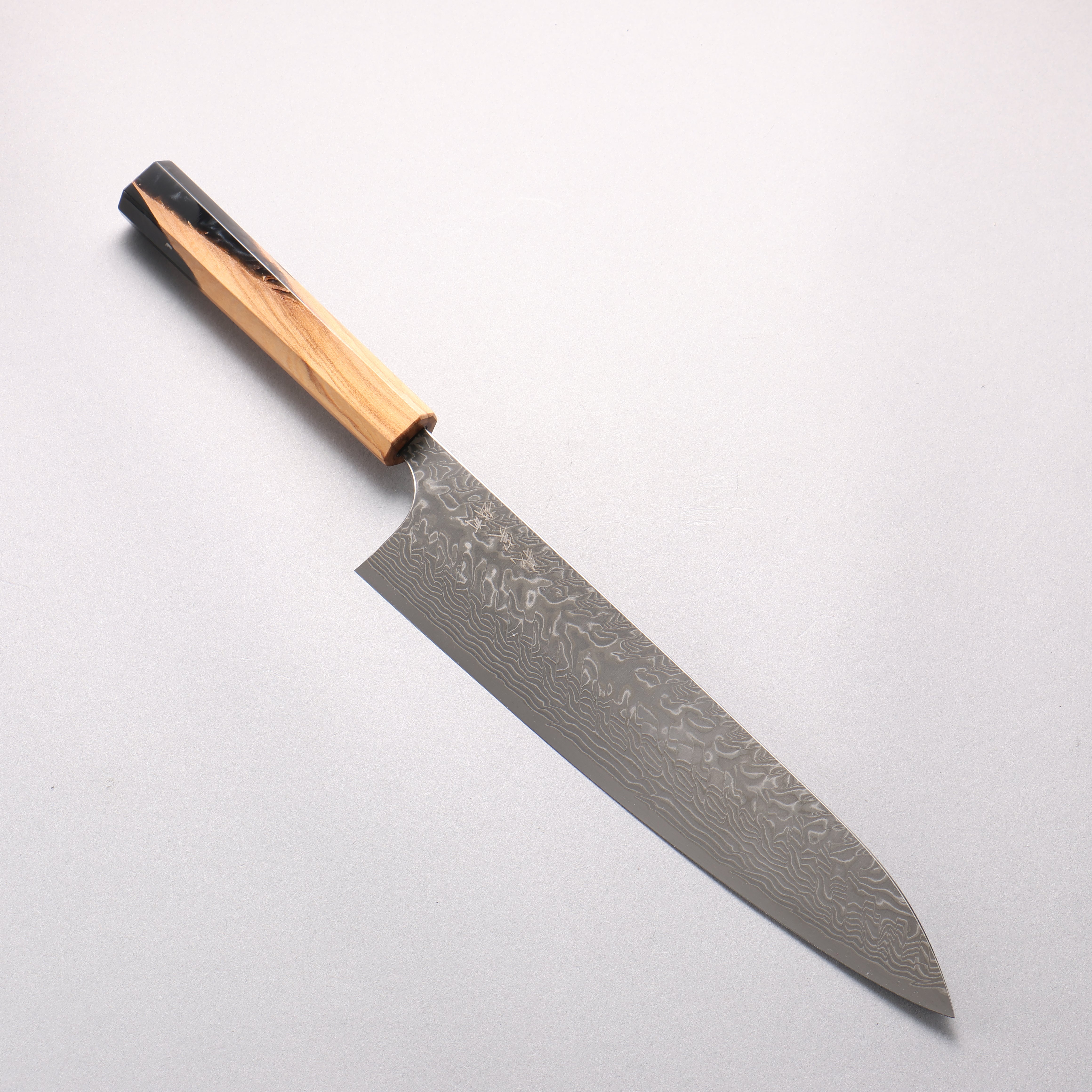 Yoshimi Kato SG2 Black Damascus Gyuto 240mm Olive Tree and Black/White Marble Resin Handle - Seisuke Knife