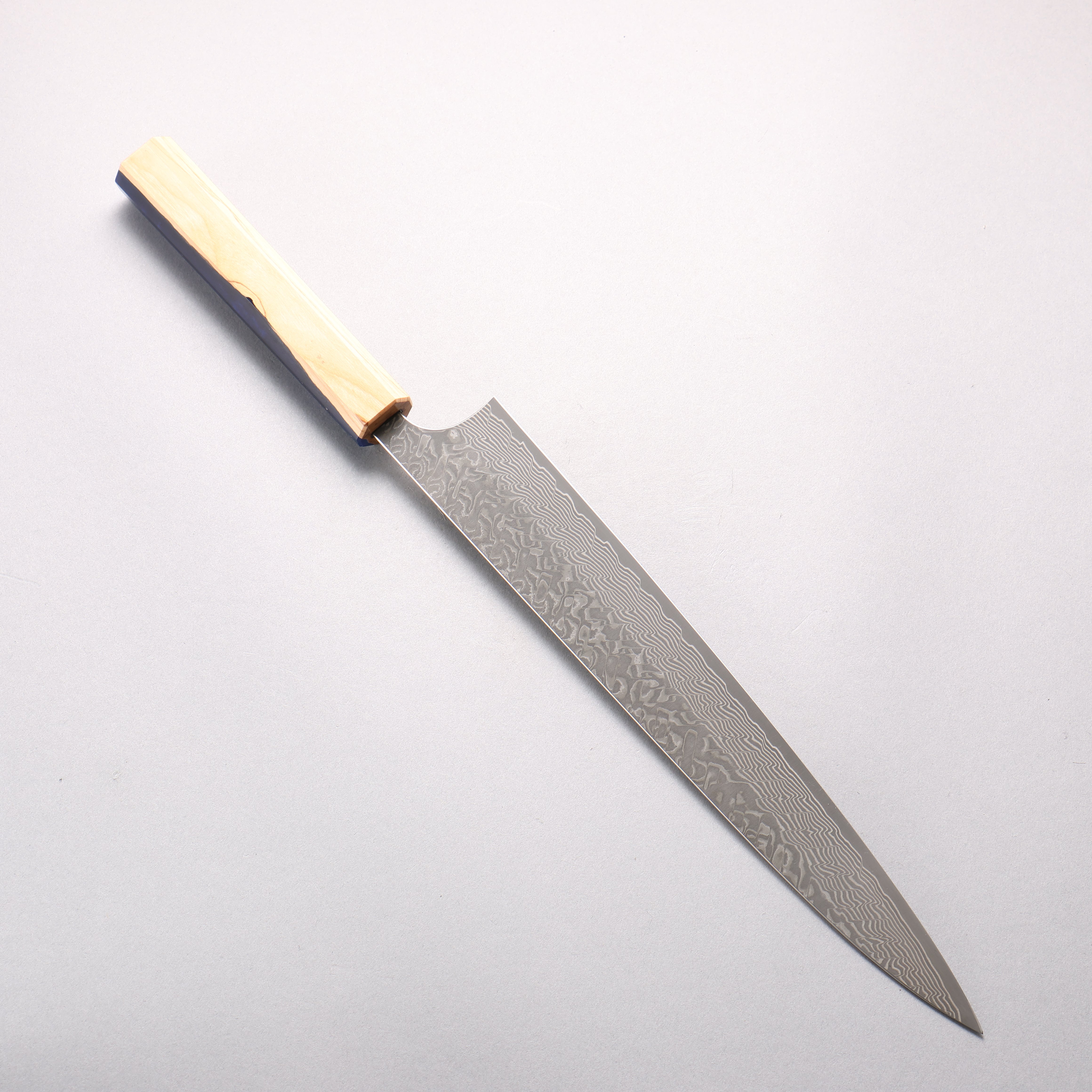 Yoshimi Kato SG2 Black Damascus Sujihiki 270mm Olive Tree and Blue Resin Handle - Seisuke Knife