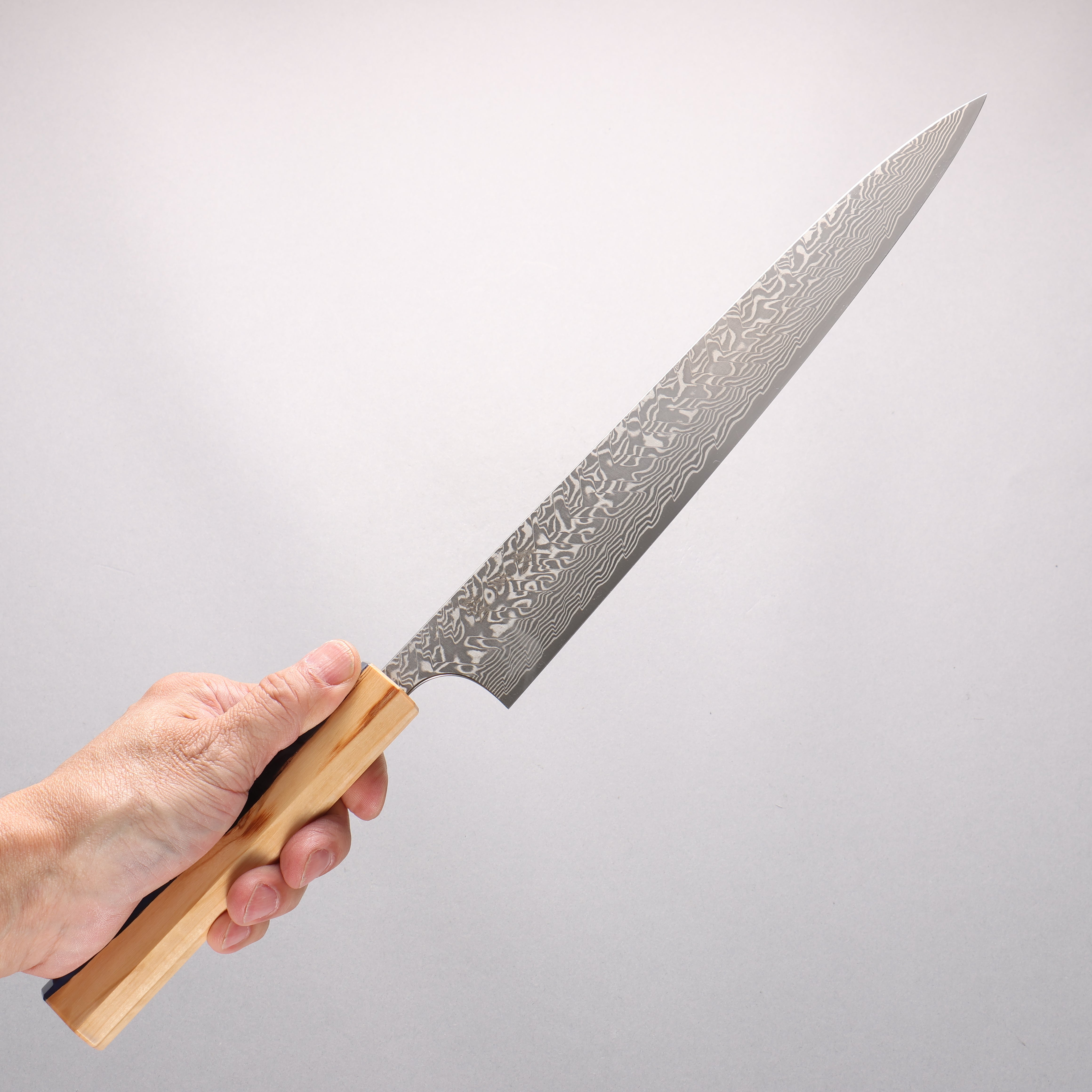 Yoshimi Kato SG2 Black Damascus Sujihiki 270mm Olive Tree and Blue Resin Handle - Seisuke Knife