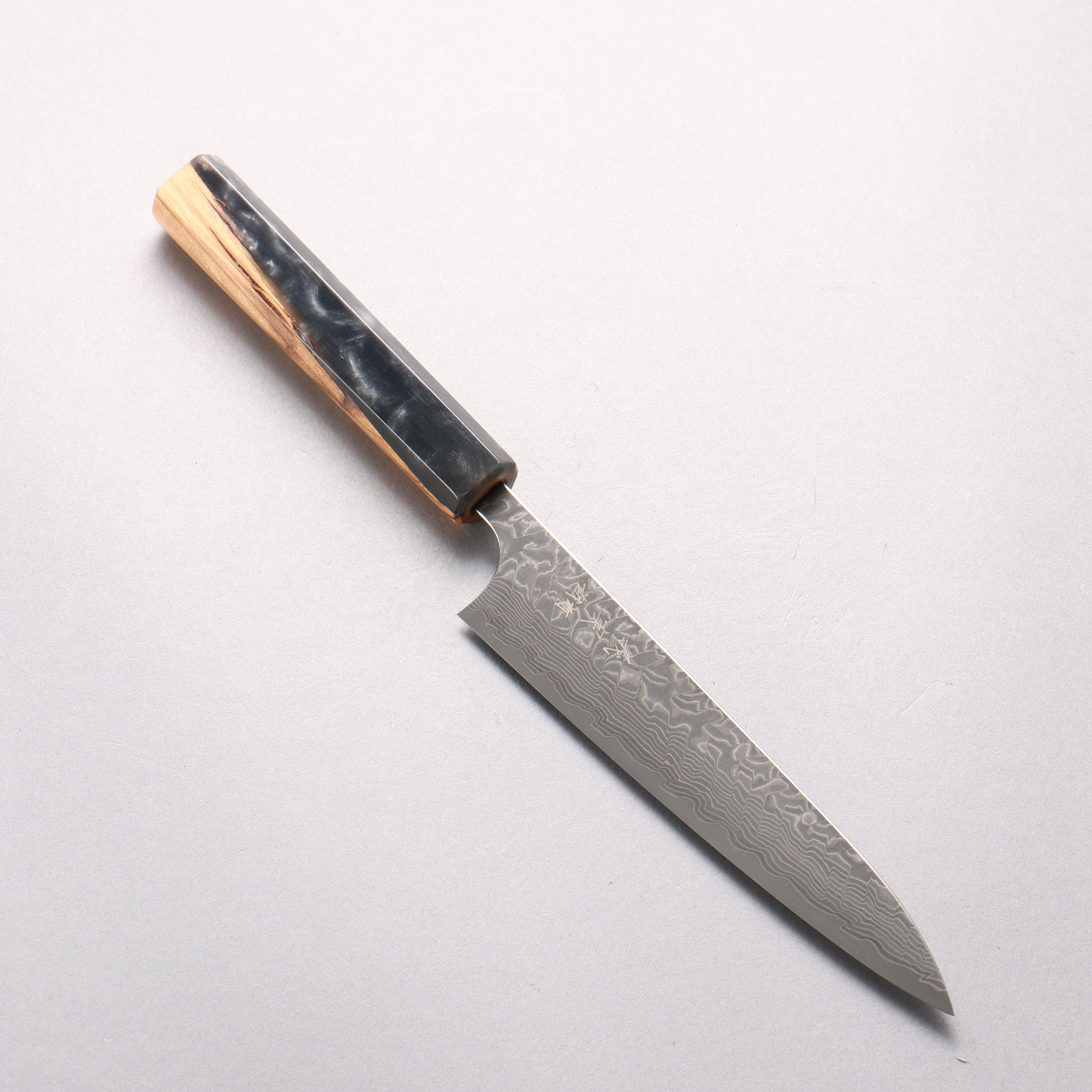 Yoshimi Kato SG2 Black Damascus Petty-Utility 150mm Olive Tree and Black/White Marble Resin Handle - Seisuke Knife