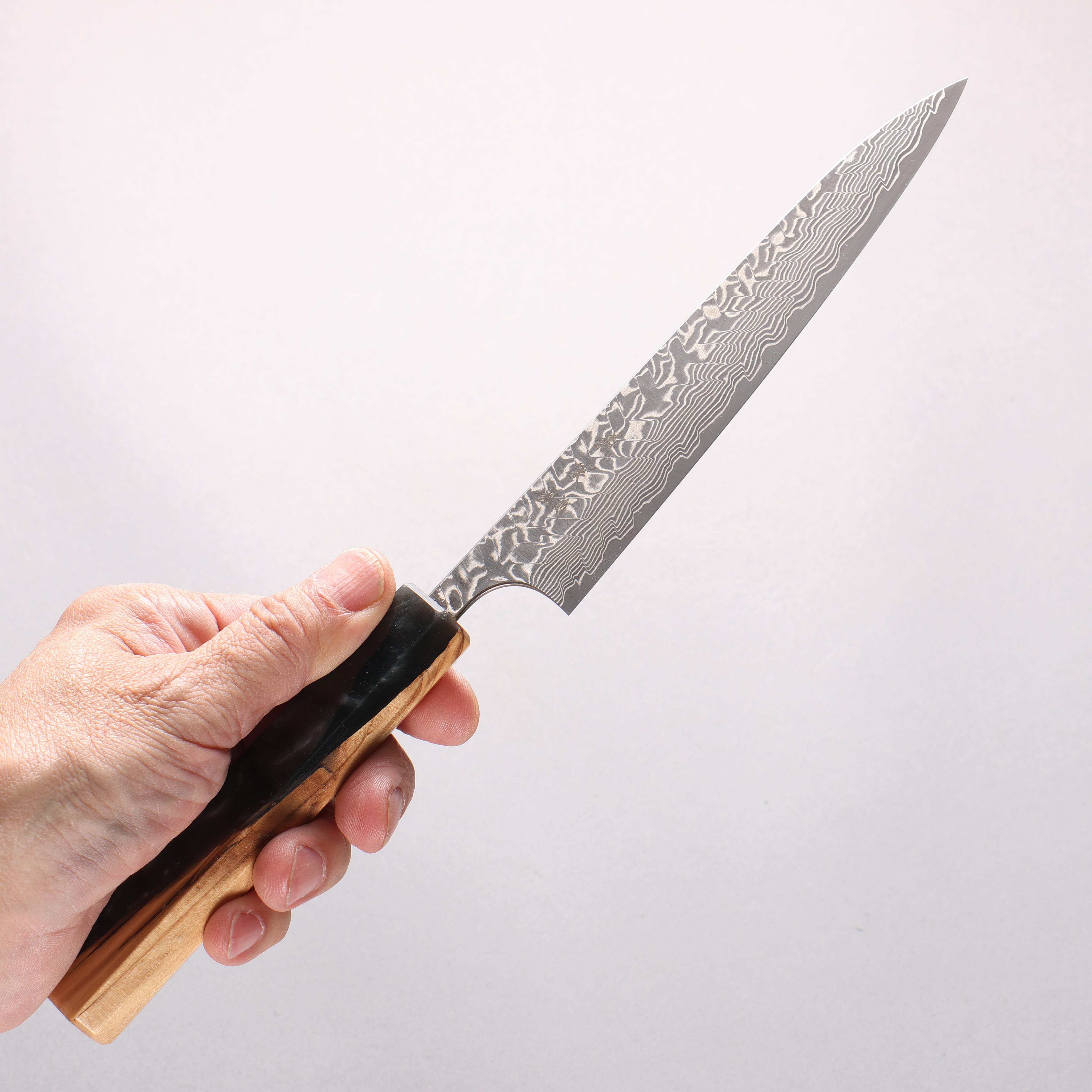 Yoshimi Kato SG2 Black Damascus Petty-Utility 150mm Olive Tree and Black/White Marble Resin Handle - Seisuke Knife