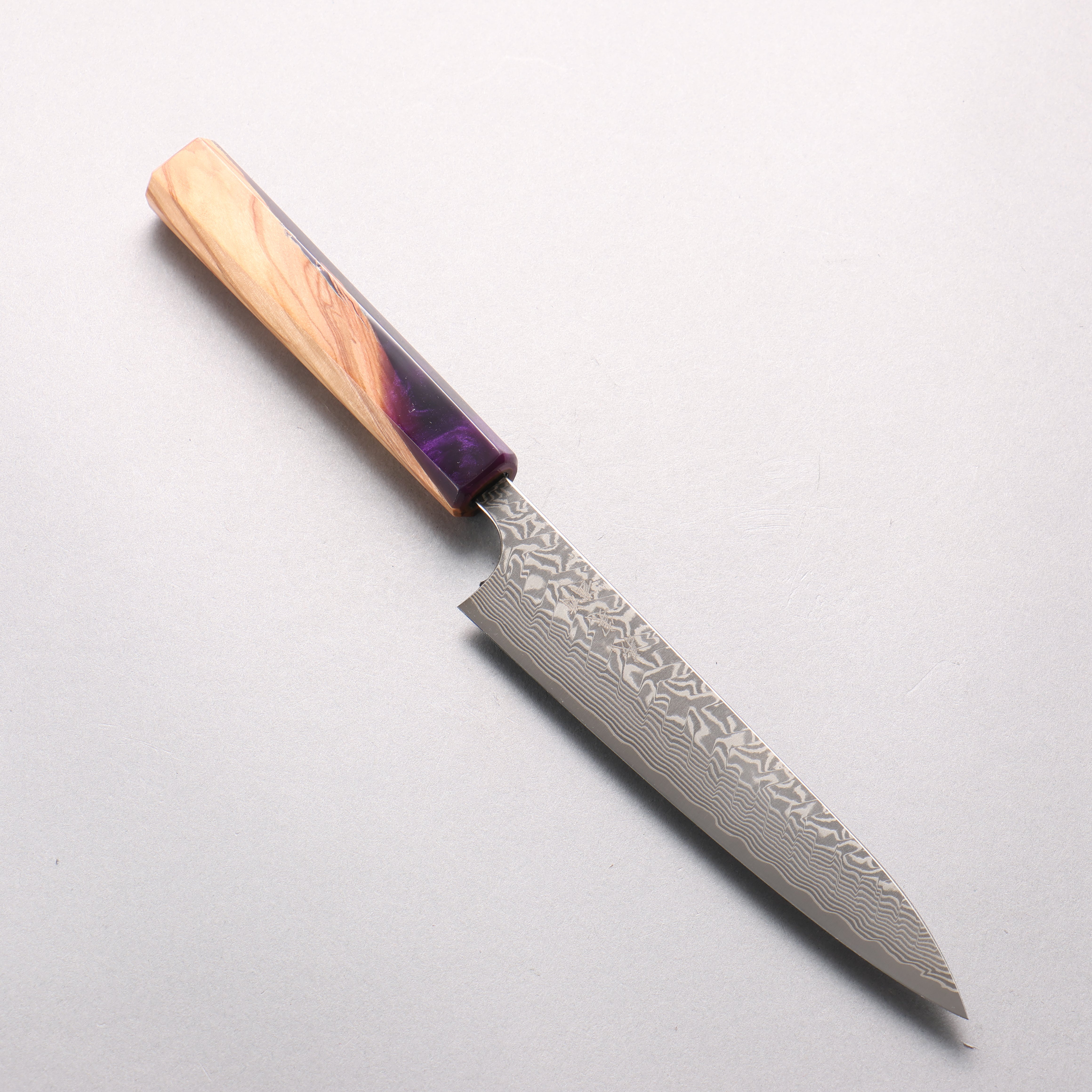 Yoshimi Kato SG2 Black Damascus Petty-Utility 150mm Olive Tree and Purple Resin Handle - Seisuke Knife