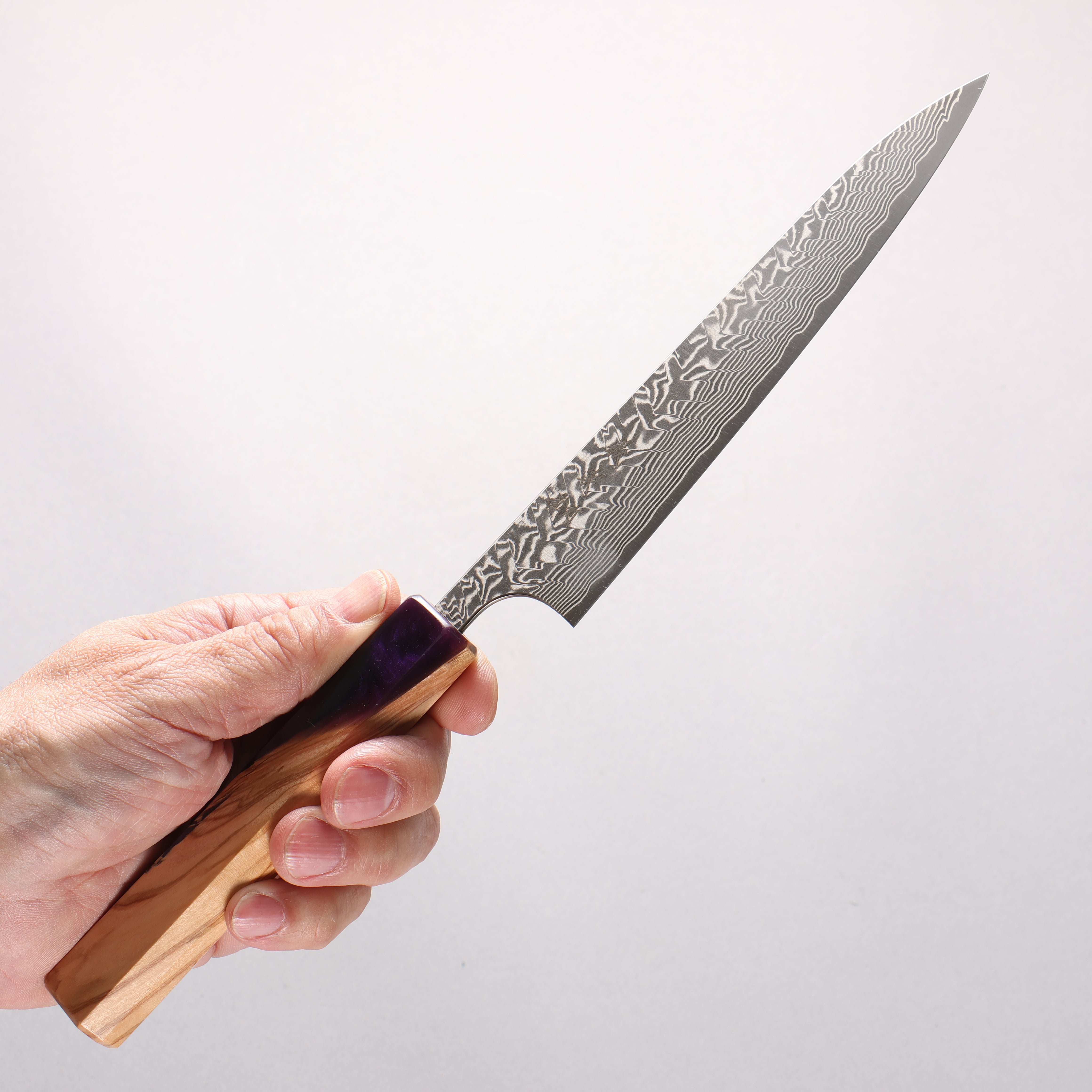 Yoshimi Kato SG2 Black Damascus Petty-Utility 150mm Olive Tree and Purple Resin Handle - Seisuke Knife