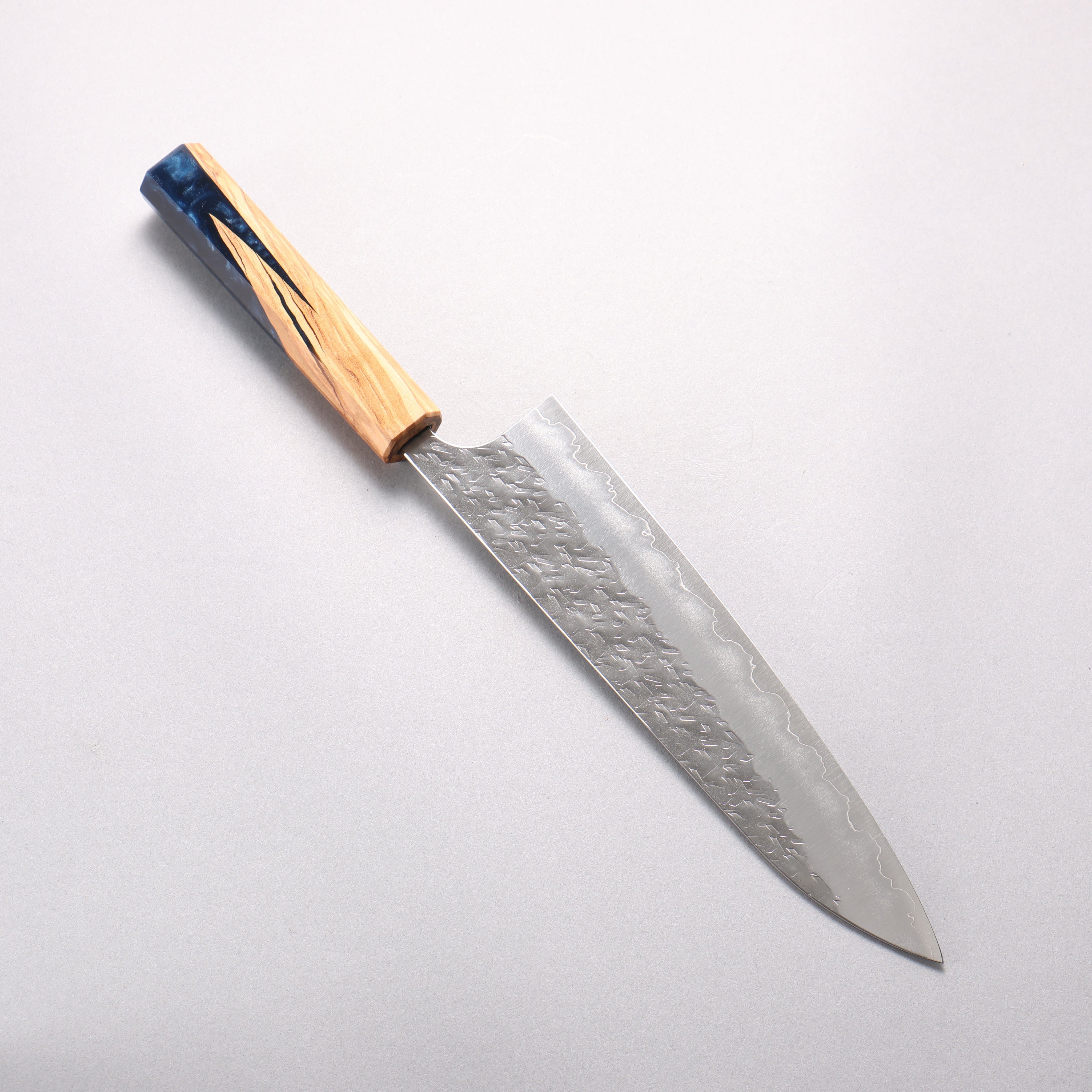 Yoshimi Kato Hyo SG2 Hammered Gyuto 210mm Olive Tree and Blue Resin Handle - Seisuke Knife