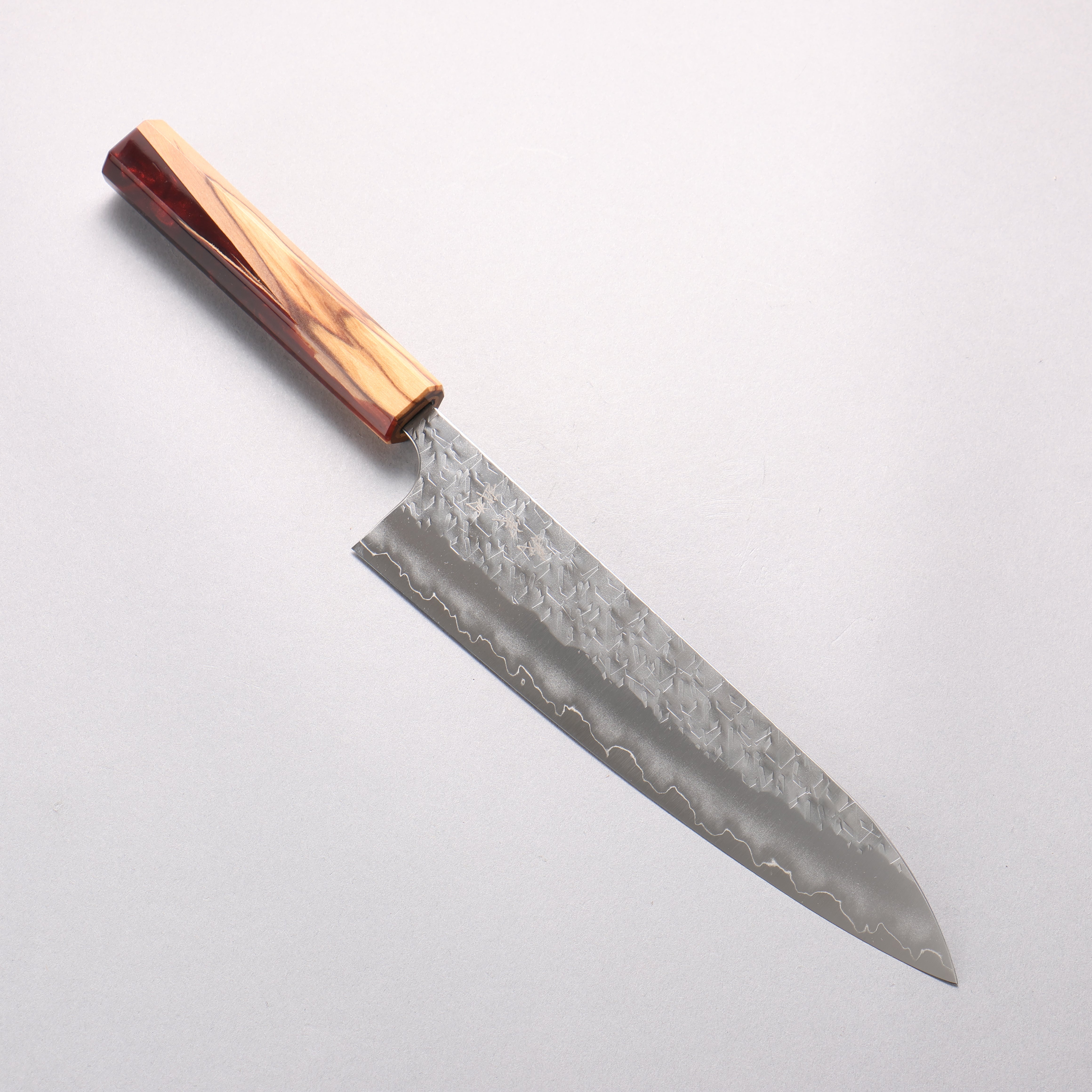 Yoshimi Kato Hyo SG2 Hammered Gyuto 210mm Olive Tree and Red Resin Handle - Seisuke Knife