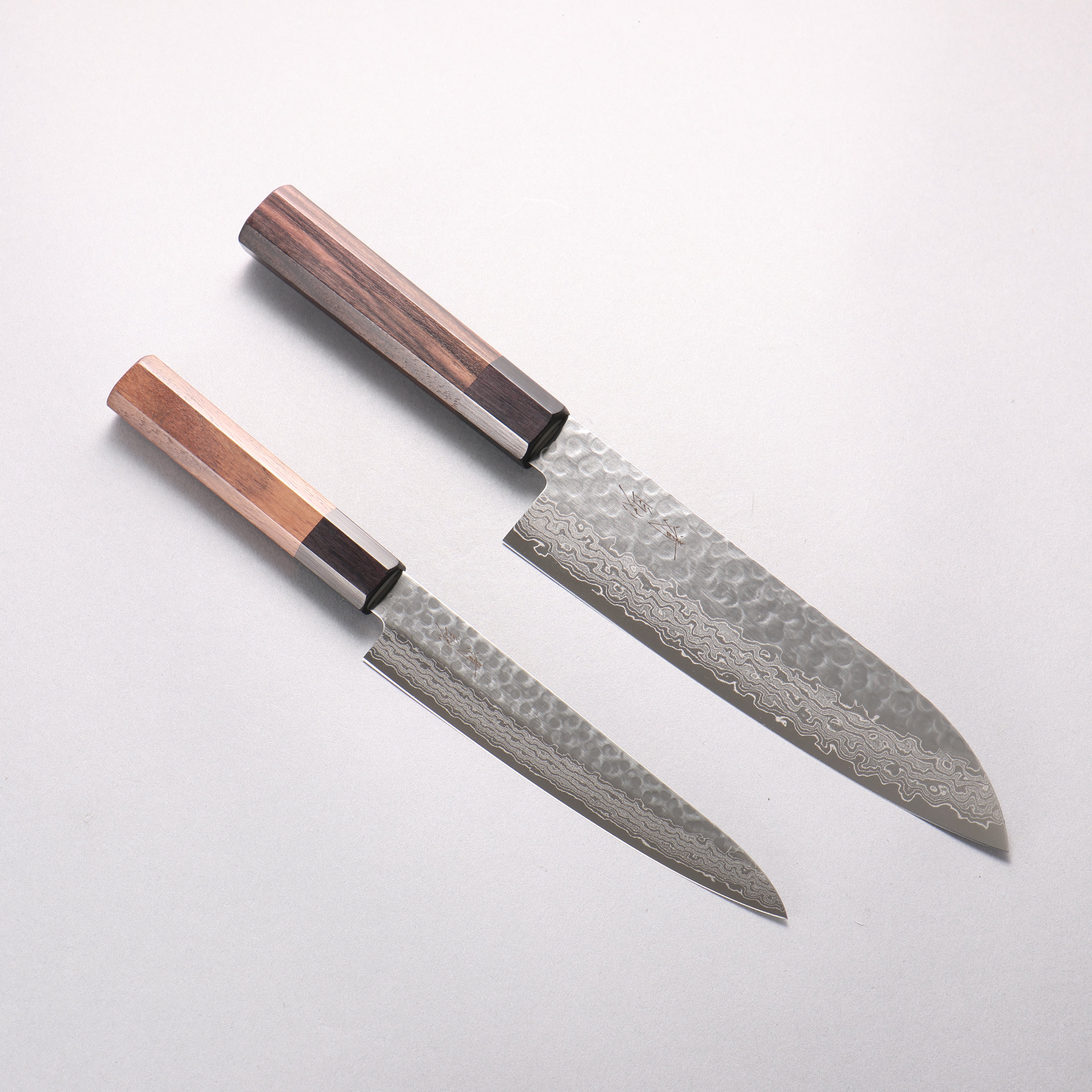 Seisuke AUS10 Hammered Damascus Santoku & Petty Shitan Handle 180mm & 150mm - Seisuke Knife