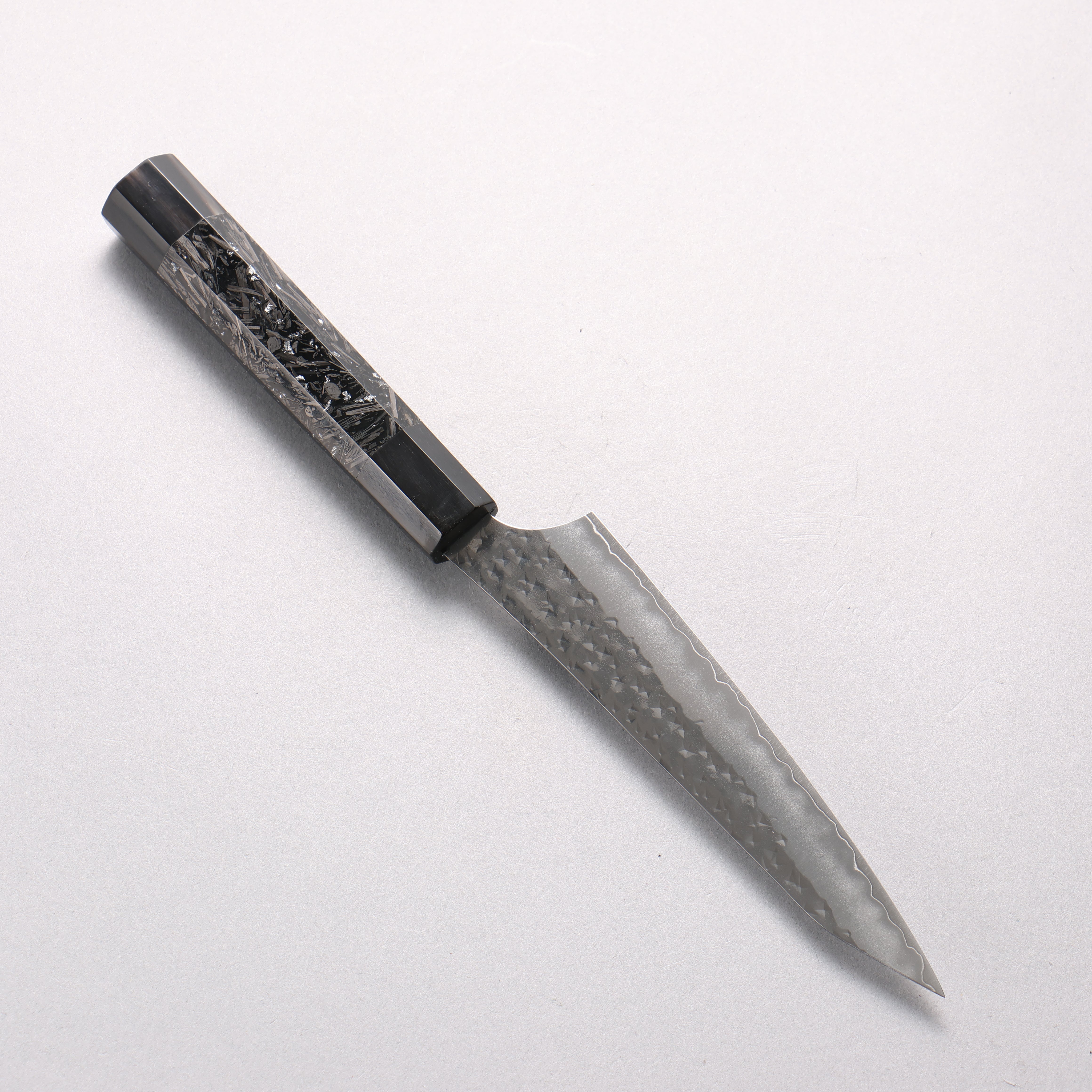 Yu Kurosaki Senko Ei SG2 Hammered Petty-Utility 130mm Silver Speckled Carbon Fiber & Black Water Buffalo Horn Handle - Seisuke Knife