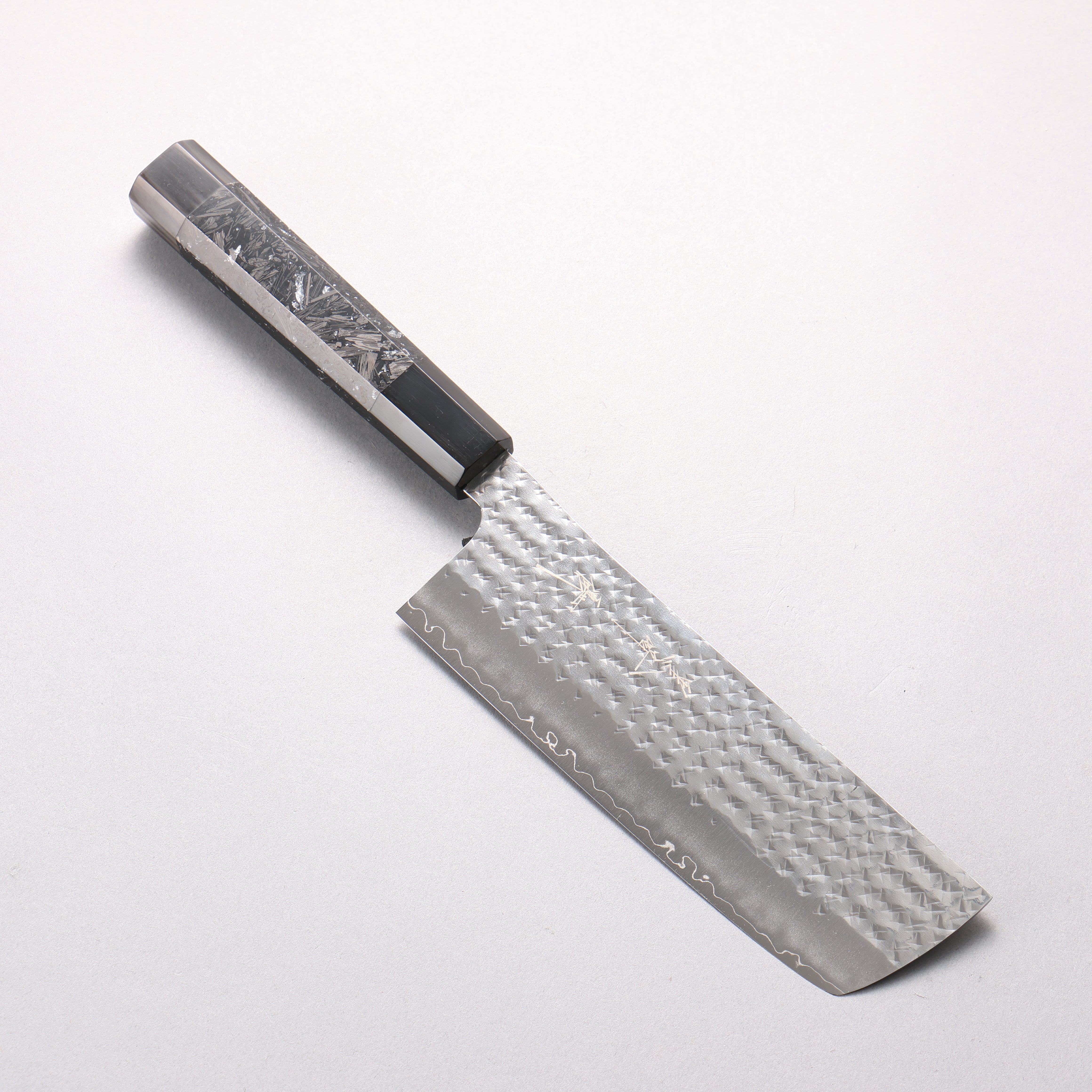 Yu Kurosaki Senko Ei SG2 Hammered Nakiri 165mm Silver Speckled Carbon Fiber & Black Water Buffalo Horn Handle - Seisuke Knife
