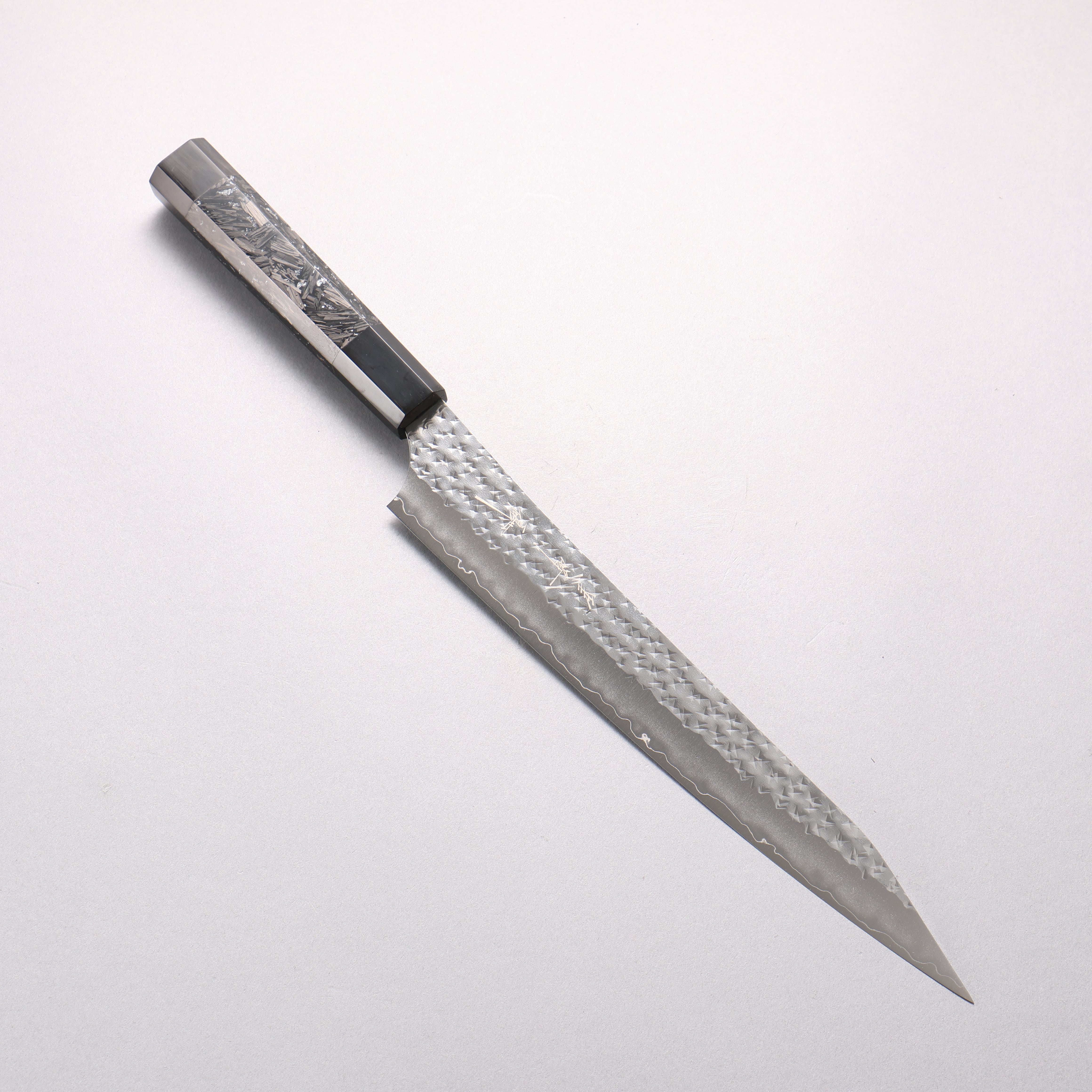 Yu Kurosaki Senko Ei SG2 Hammered Sujihiki 240mm Silver Speckled Carbon Fiber & Black Water Buffalo Horn Handle - Seisuke Knife