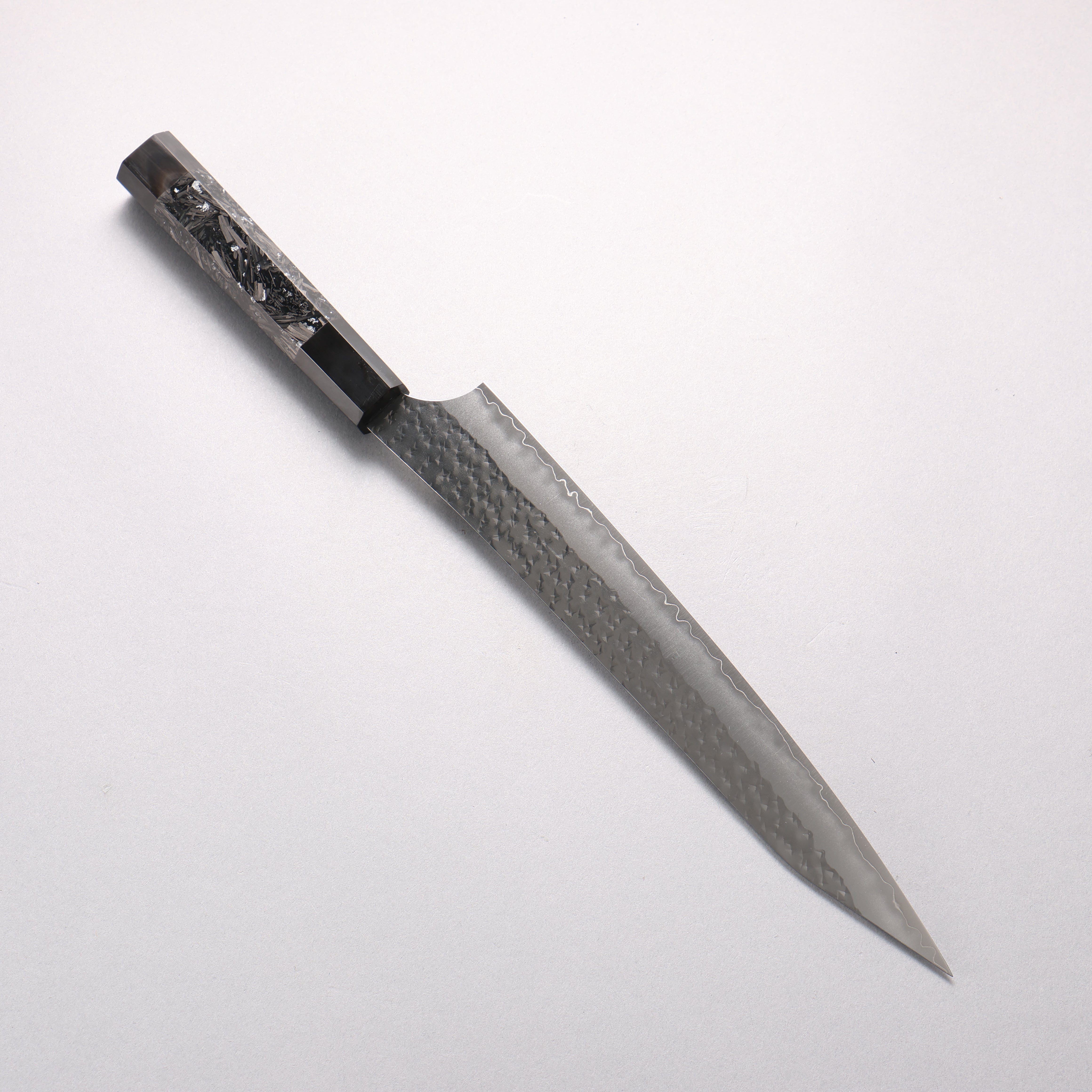 Yu Kurosaki Senko Ei SG2 Hammered Sujihiki 240mm Silver Speckled Carbon Fiber & Black Water Buffalo Horn Handle - Seisuke Knife