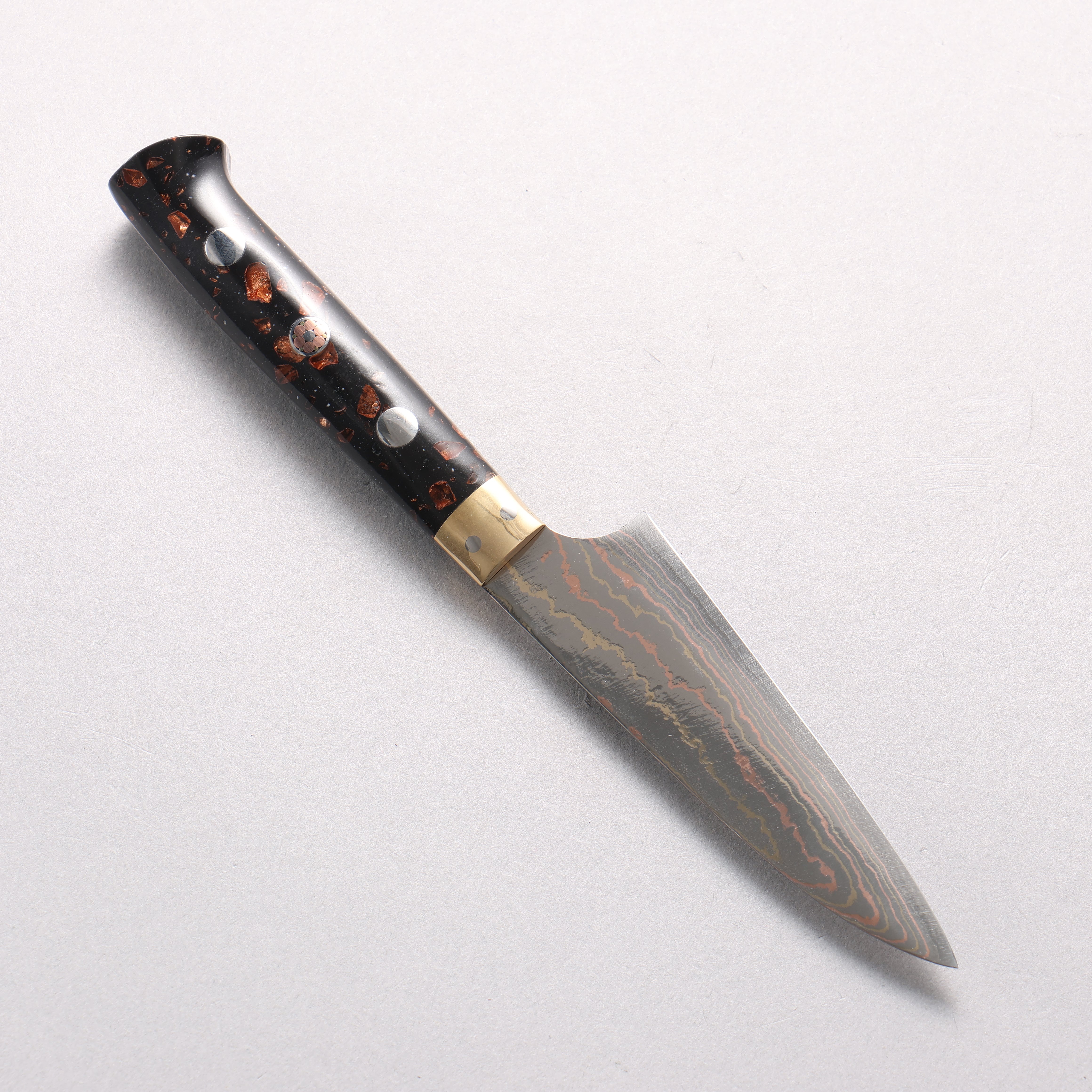 Takeshi Saji Blue Steel No.2 Colored Damascus Petty-Utility 90mm Black & Brown Corian Handle - Seisuke Knife