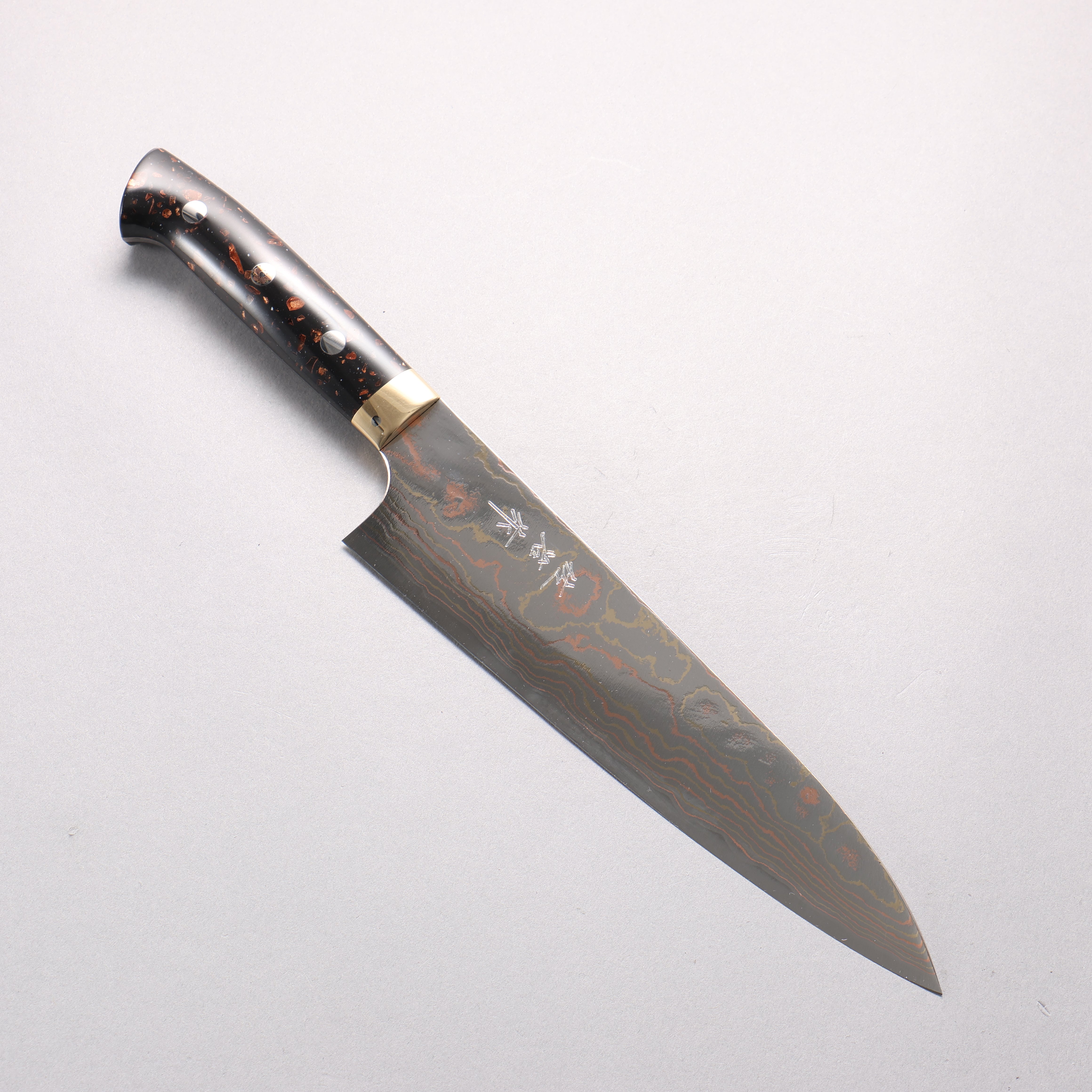 Takeshi Saji Blue Steel No.2 Colored Damascus Gyuto 210mm Black & Brown Corian Handle - Seisuke Knife