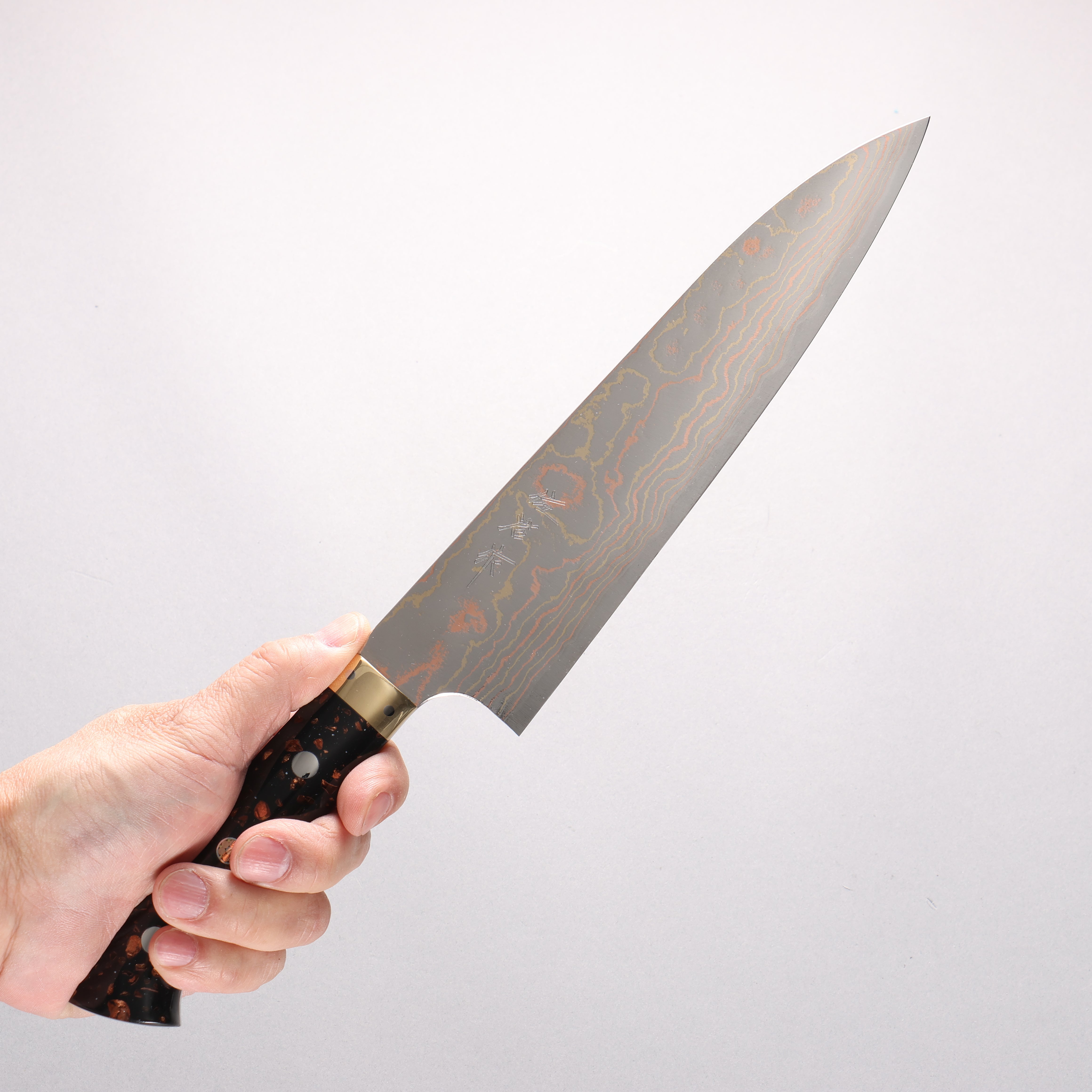 Takeshi Saji Blue Steel No.2 Colored Damascus Gyuto 210mm Black & Brown Corian Handle - Seisuke Knife