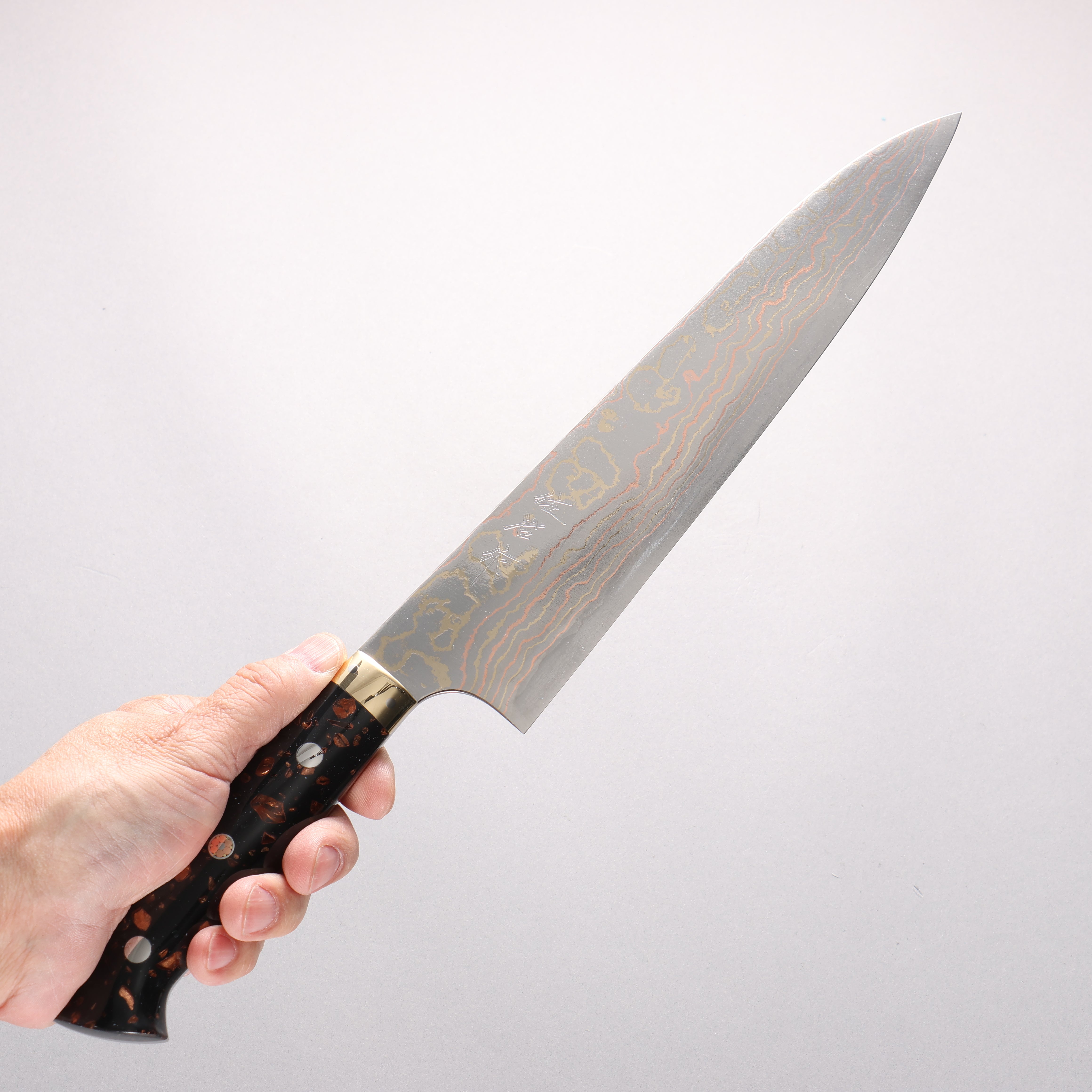 Takeshi Saji Blue Steel No.2 Colored Damascus Gyuto 240mm Black/Brown Corian Handle - Seisuke Knife