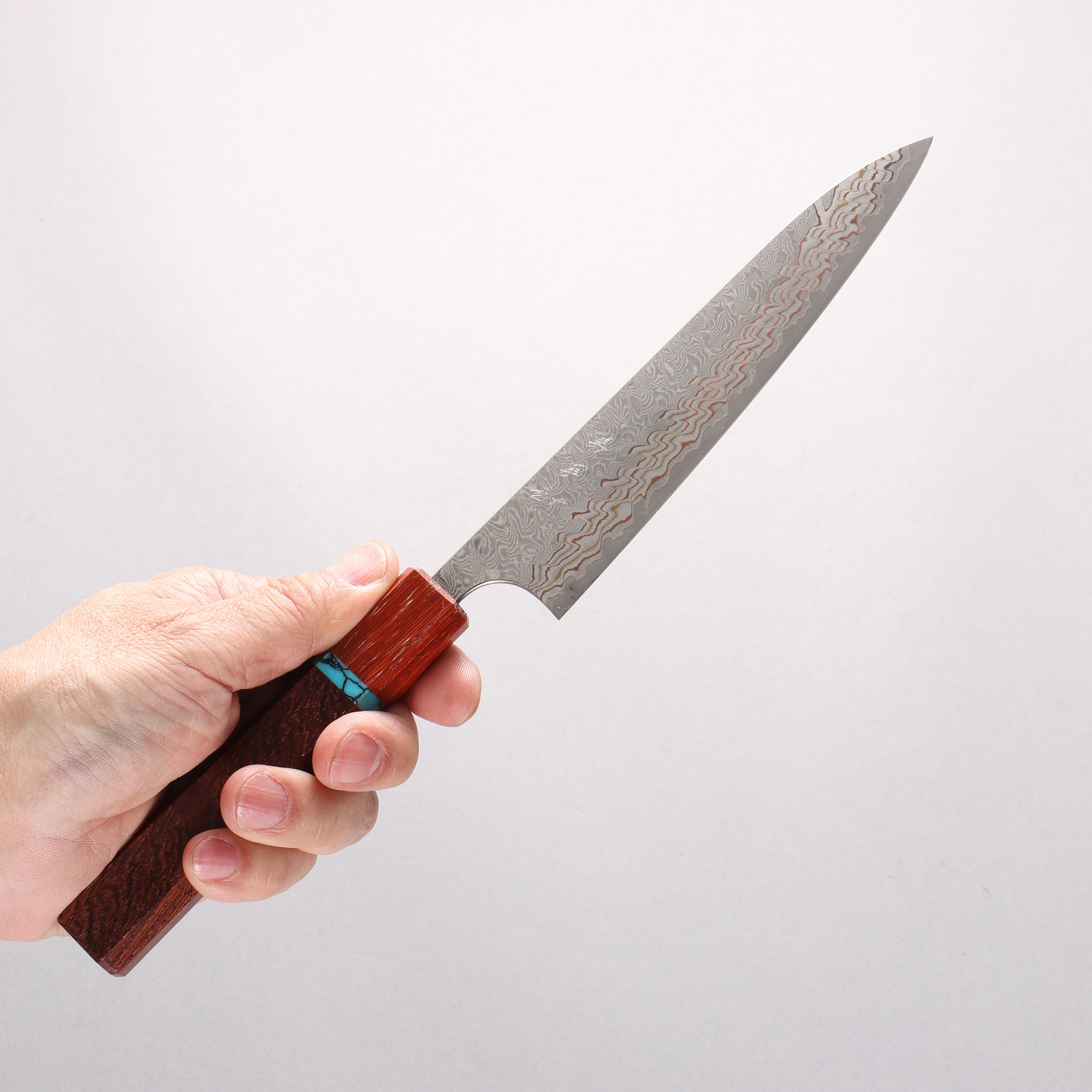 Yoshimi Kato VG10w Colored Damascus Petty-Utility 150mm Rosewood (Turquoise Ring) Handle - Seisuke Knife