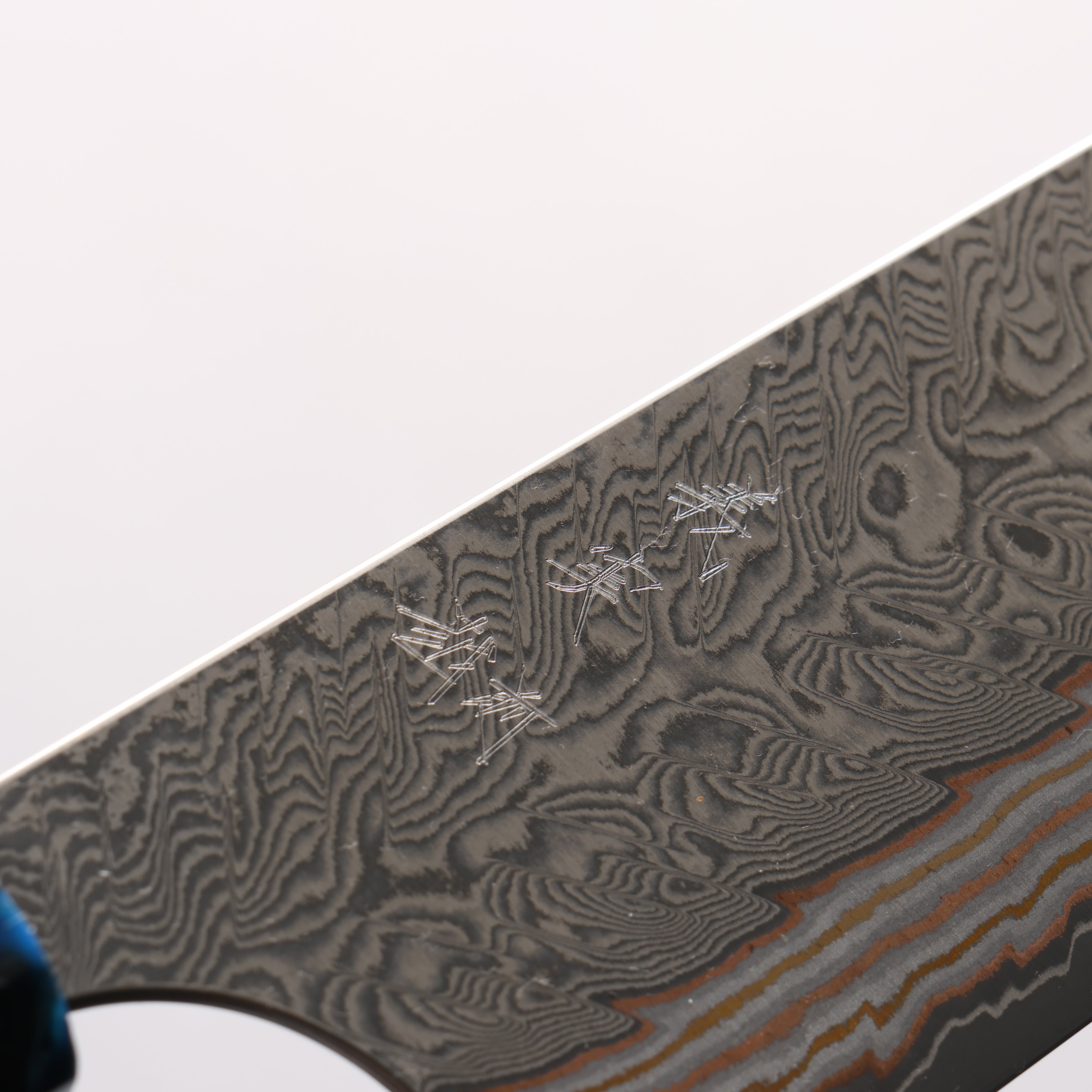 Yoshimi Kato VG10w Colored Damascus Kiritsuke Gyuto 210mm Ebony (ferrule: Blue Marble Resin) Handle - Seisuke Knife