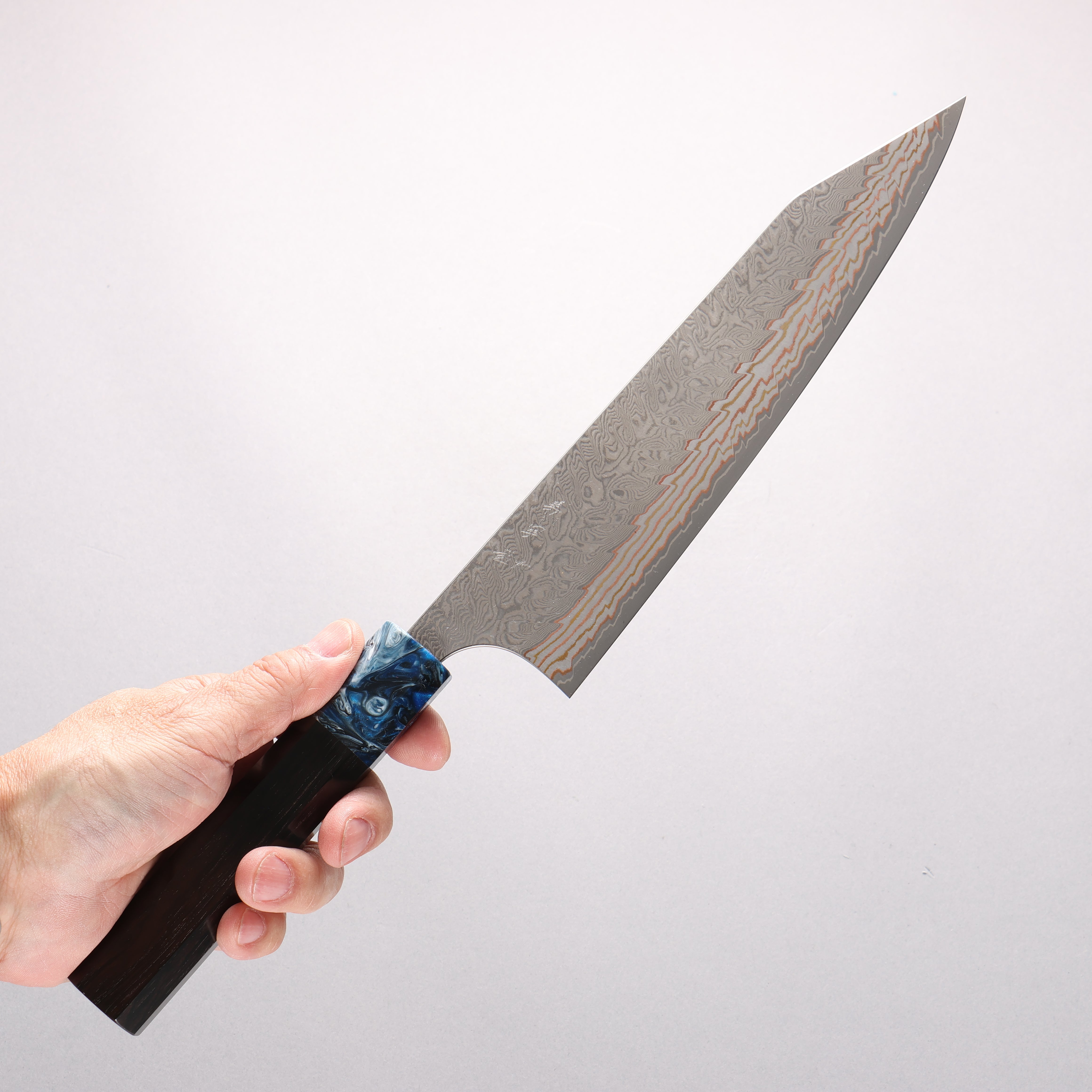Yoshimi Kato VG10w Colored Damascus Kiritsuke Gyuto 210mm Ebony (ferrule: Blue Marble Resin) Handle - Seisuke Knife