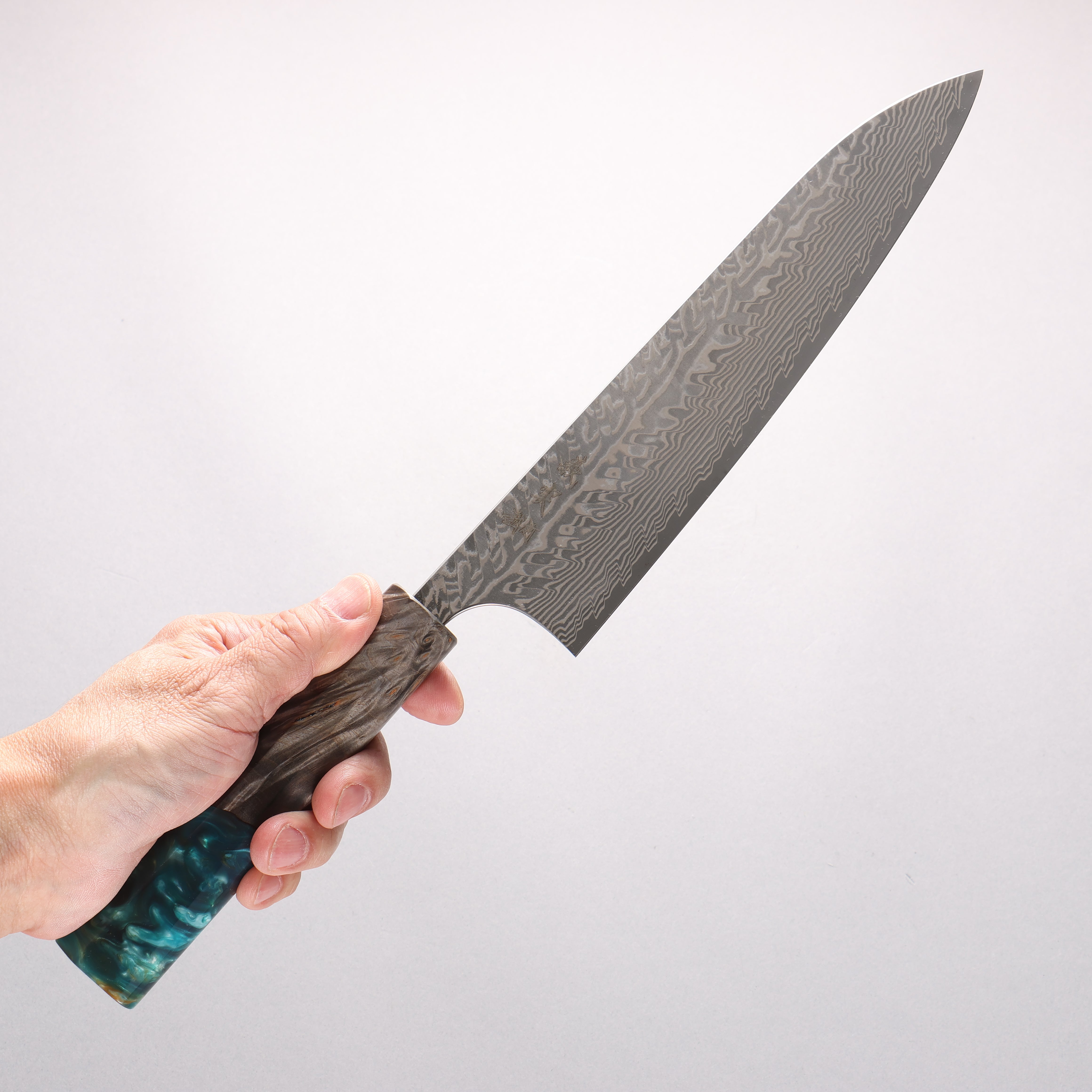 Yoshimi Kato SG2 Black Damascus Gyuto 210mm Stabilized Birch & Emerald Green Resin Handle - Seisuke Knife