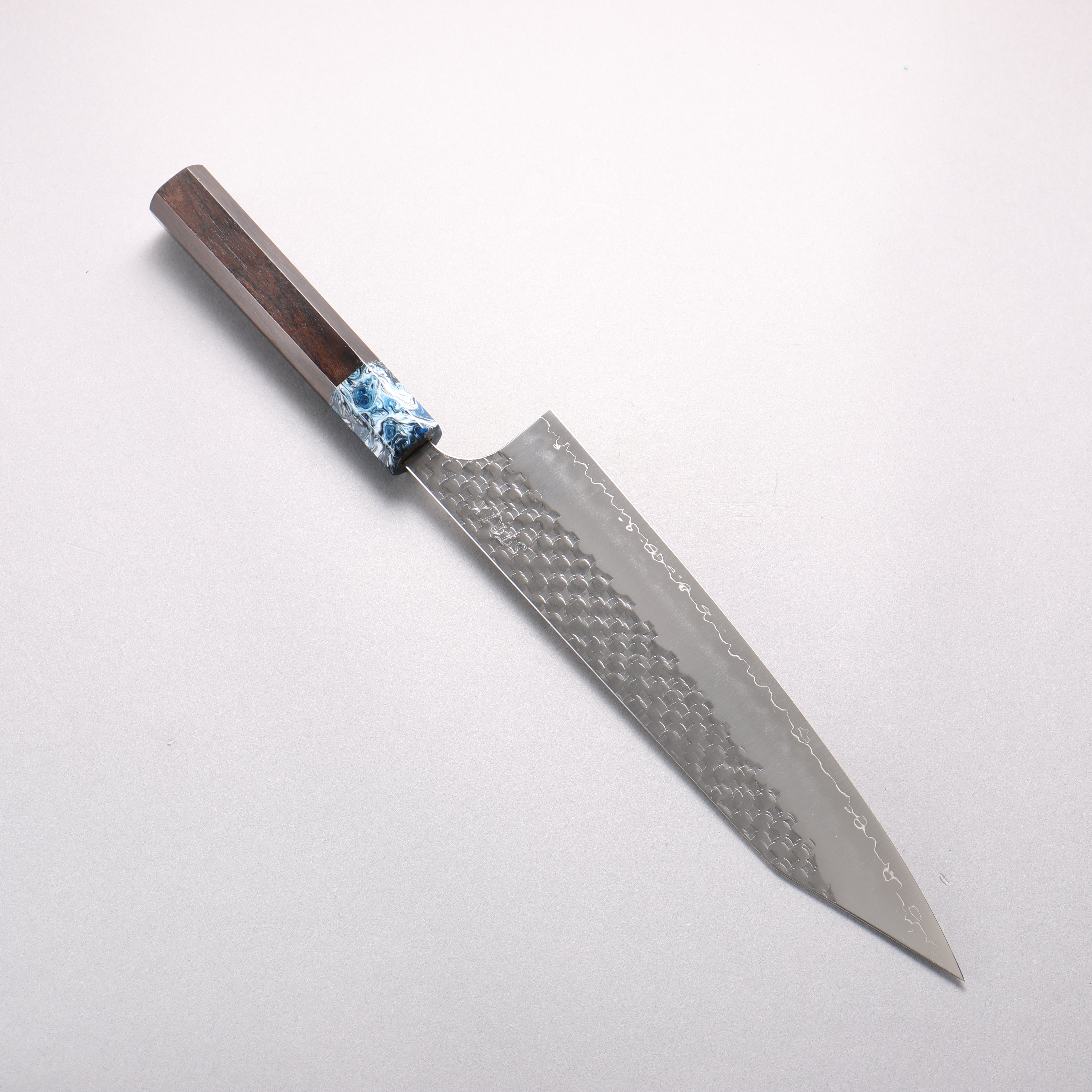Yoshimi Kato Minamo II SPG STRIX Hammered Kiritsuke Gyuto 240mm Ebony (ferrule: Blue Marble Resin) Handle - Seisuke Knife