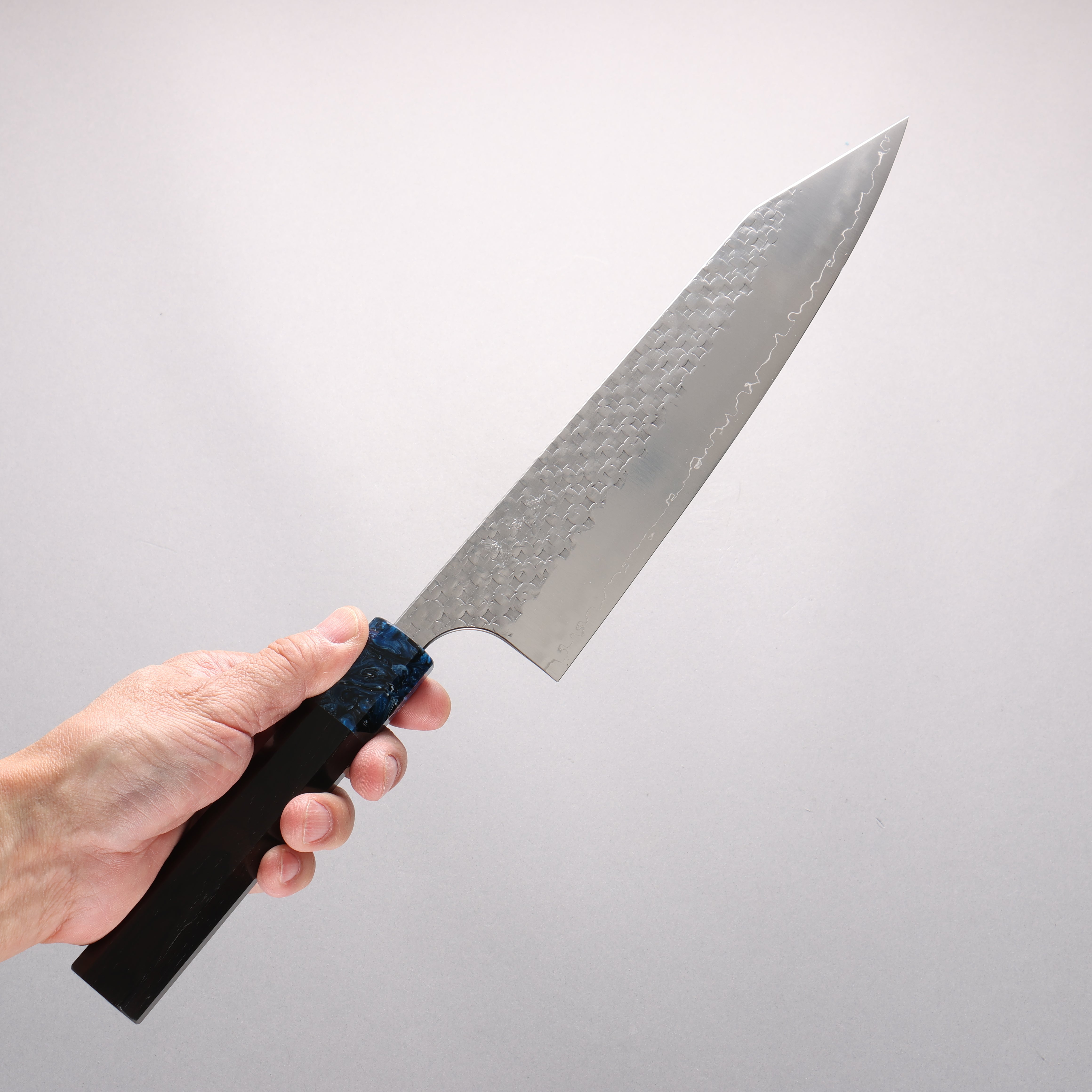 Yoshimi Kato Minamo II SPG STRIX Hammered Kiritsuke Gyuto 240mm Ebony (ferrule: Blue Marble Resin) Handle - Seisuke Knife