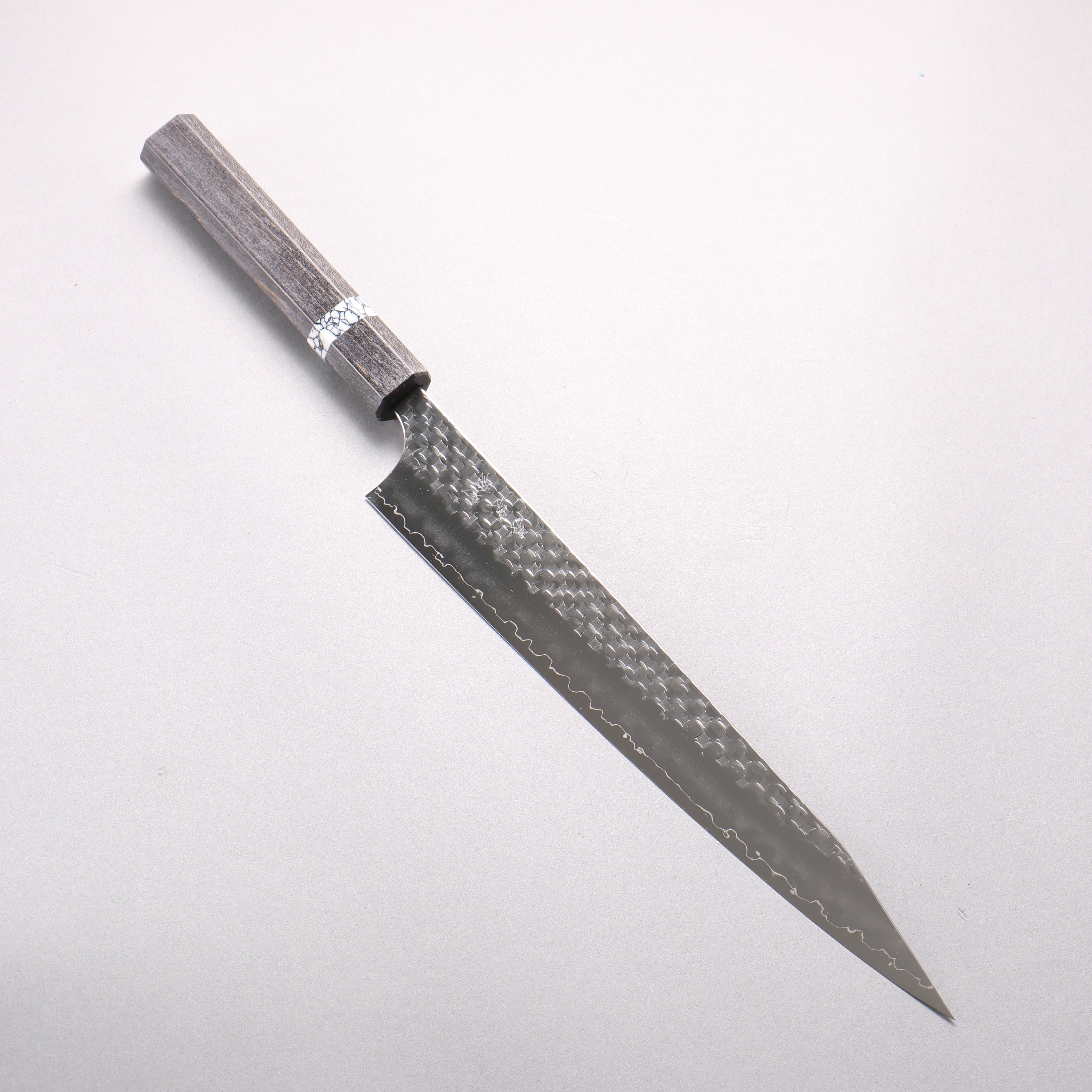 Yoshimi Kato Minamo II SPG STRIX Hammered Kiritsuke Sujihiki 270mm Black Stabilized Wood (White Turquoise Ring) Handle - Seisuke Knife