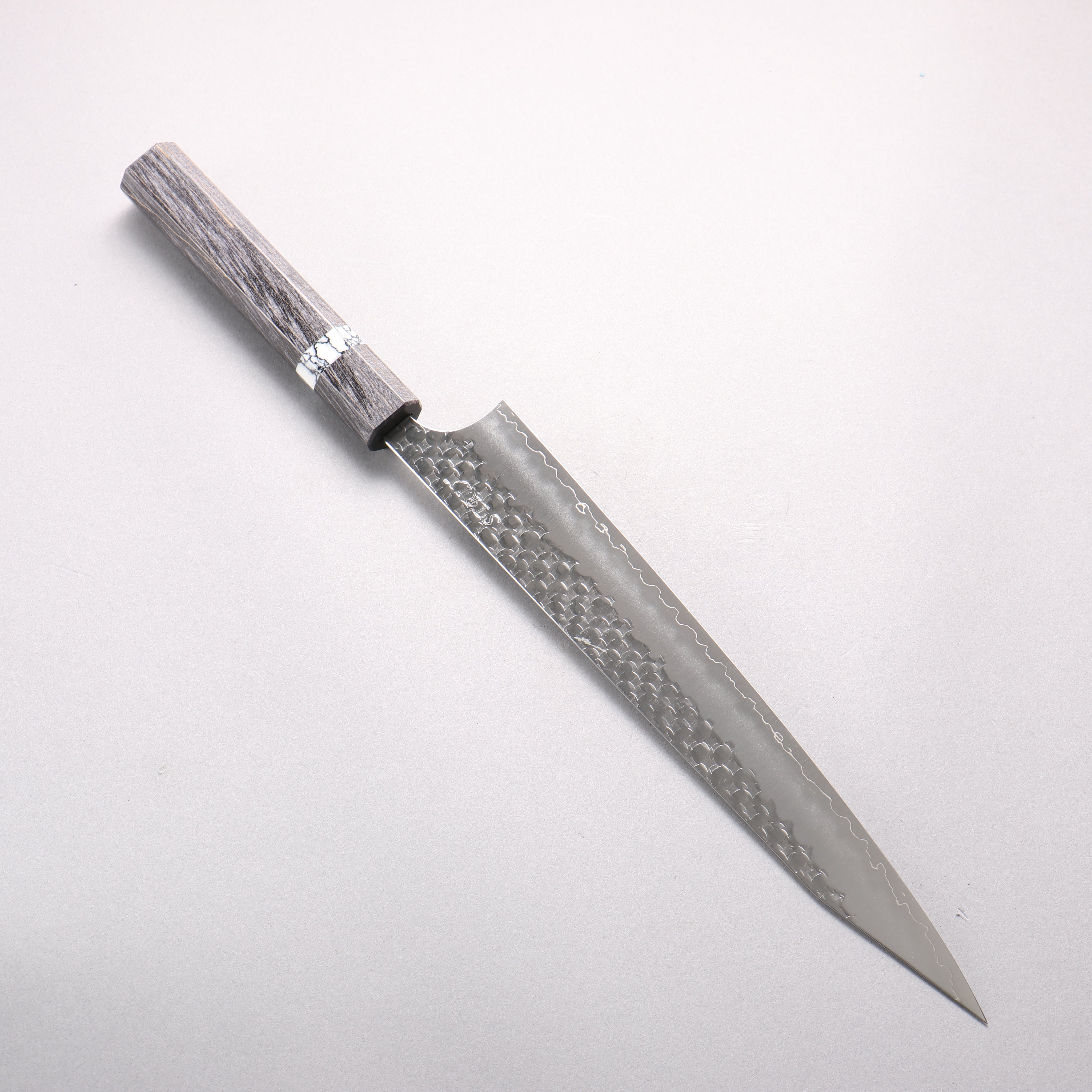 Yoshimi Kato Minamo II SPG STRIX Hammered Kiritsuke Sujihiki 270mm Black Stabilized Wood (White Turquoise Ring) Handle - Seisuke Knife