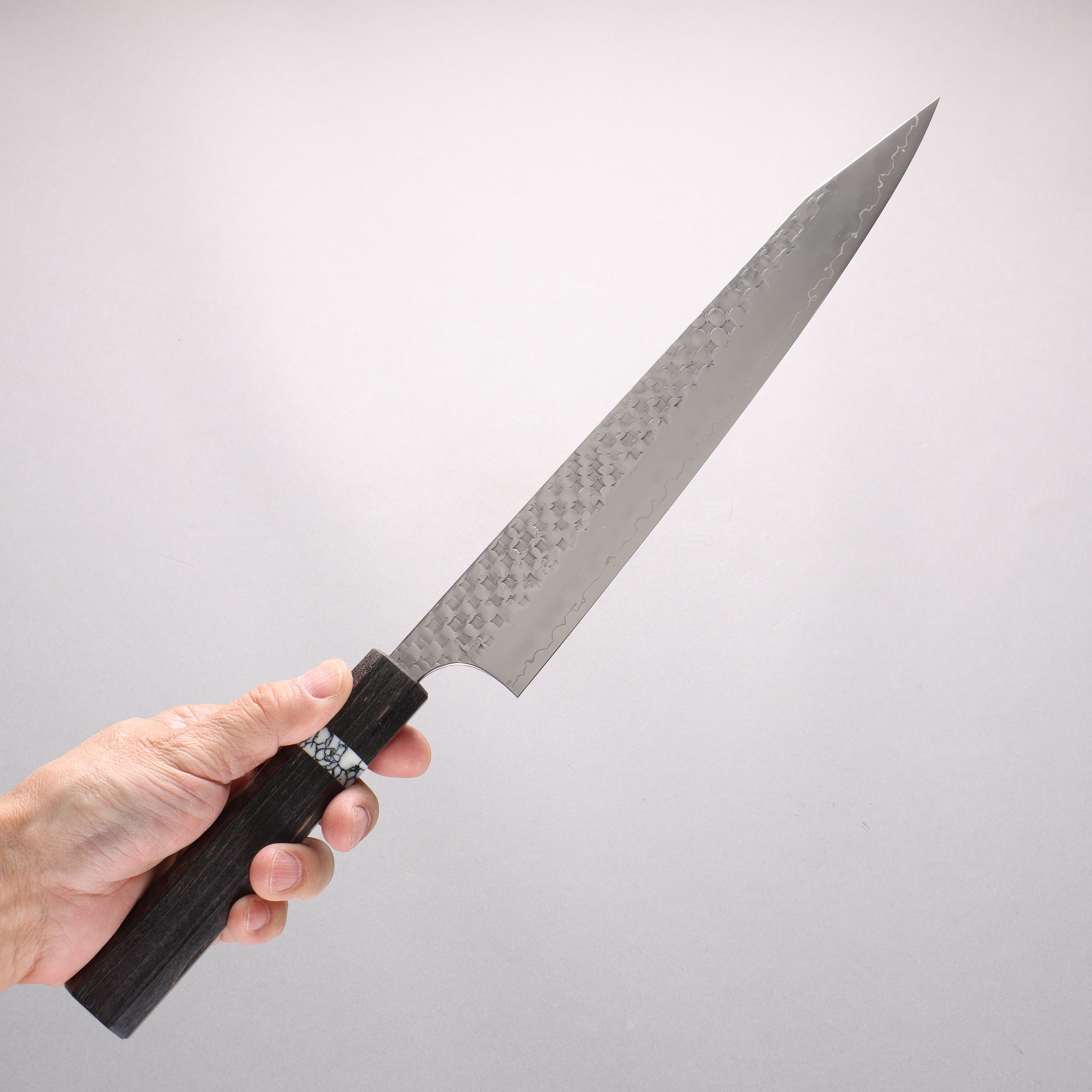 Yoshimi Kato Minamo II SPG STRIX Hammered Kiritsuke Sujihiki 270mm Black Stabilized Wood (White Turquoise Ring) Handle - Seisuke Knife