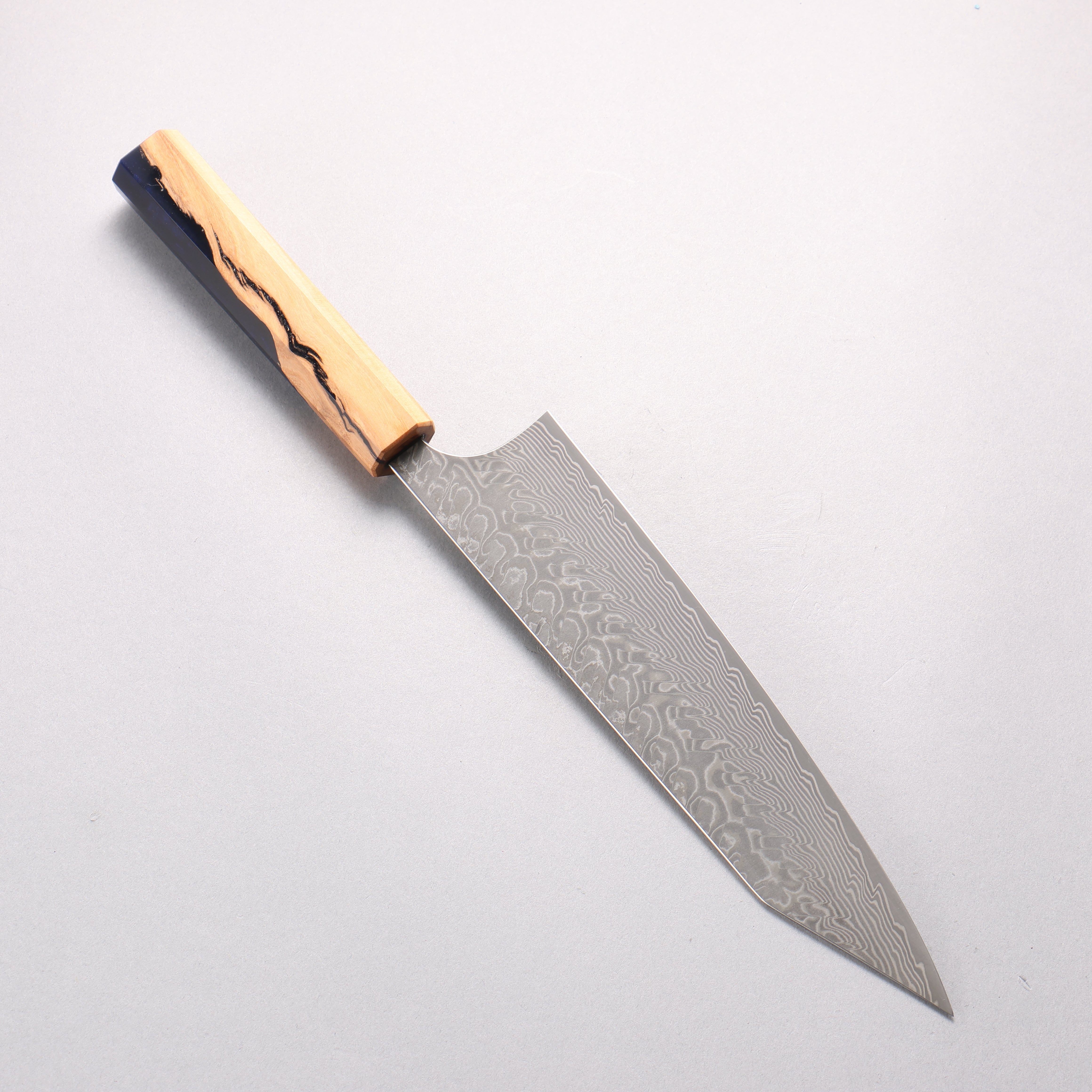 Yoshimi Kato SG2 Black Damascus Kiritsuke Gyuto 210mm Olive Tree and Blue Resin Handle - Seisuke Knife