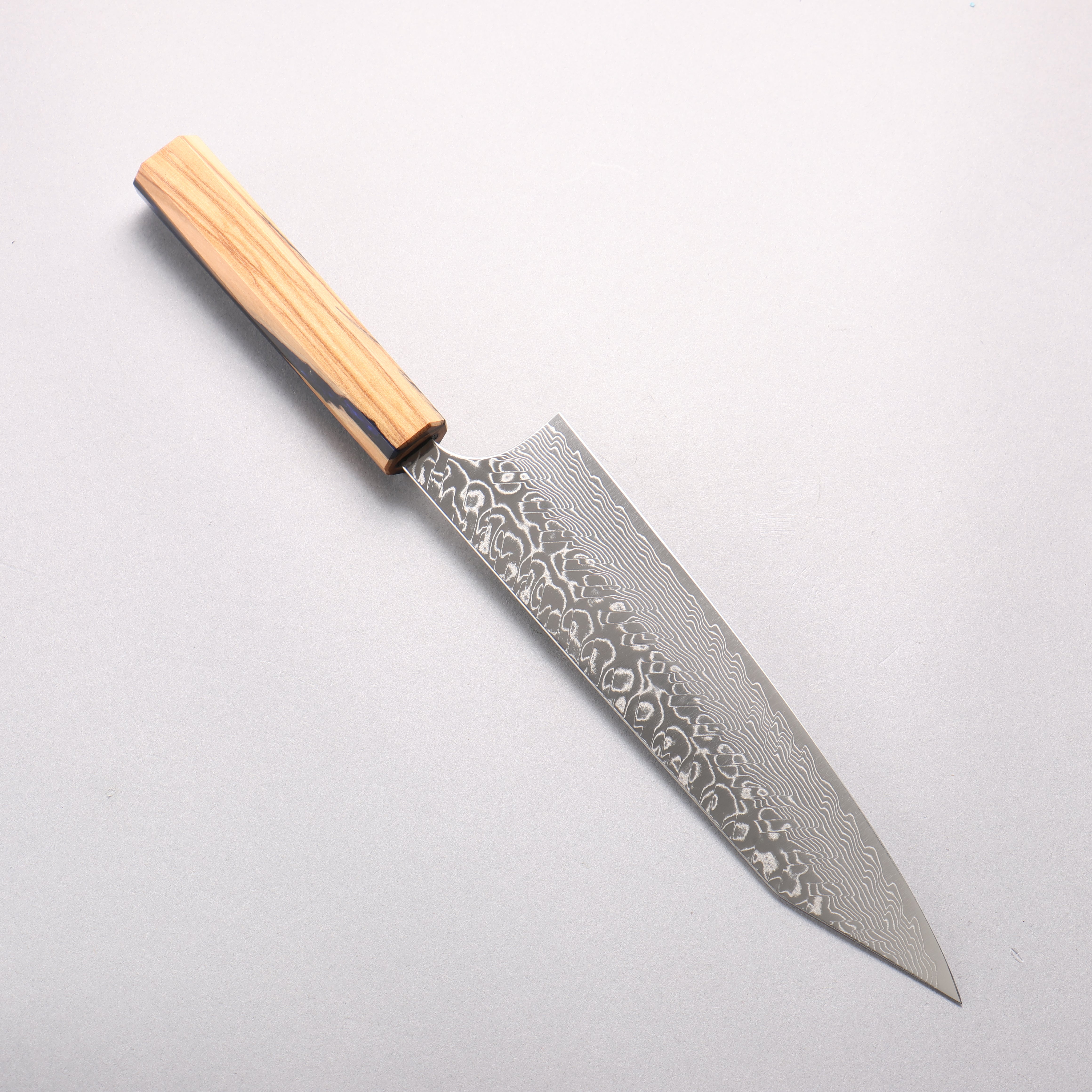 Yoshimi Kato SG2 Damascus Migaki Finished Kiritsuke Gyuto 210mm Olive Tree and Blue Resin Handle - Seisuke Knife