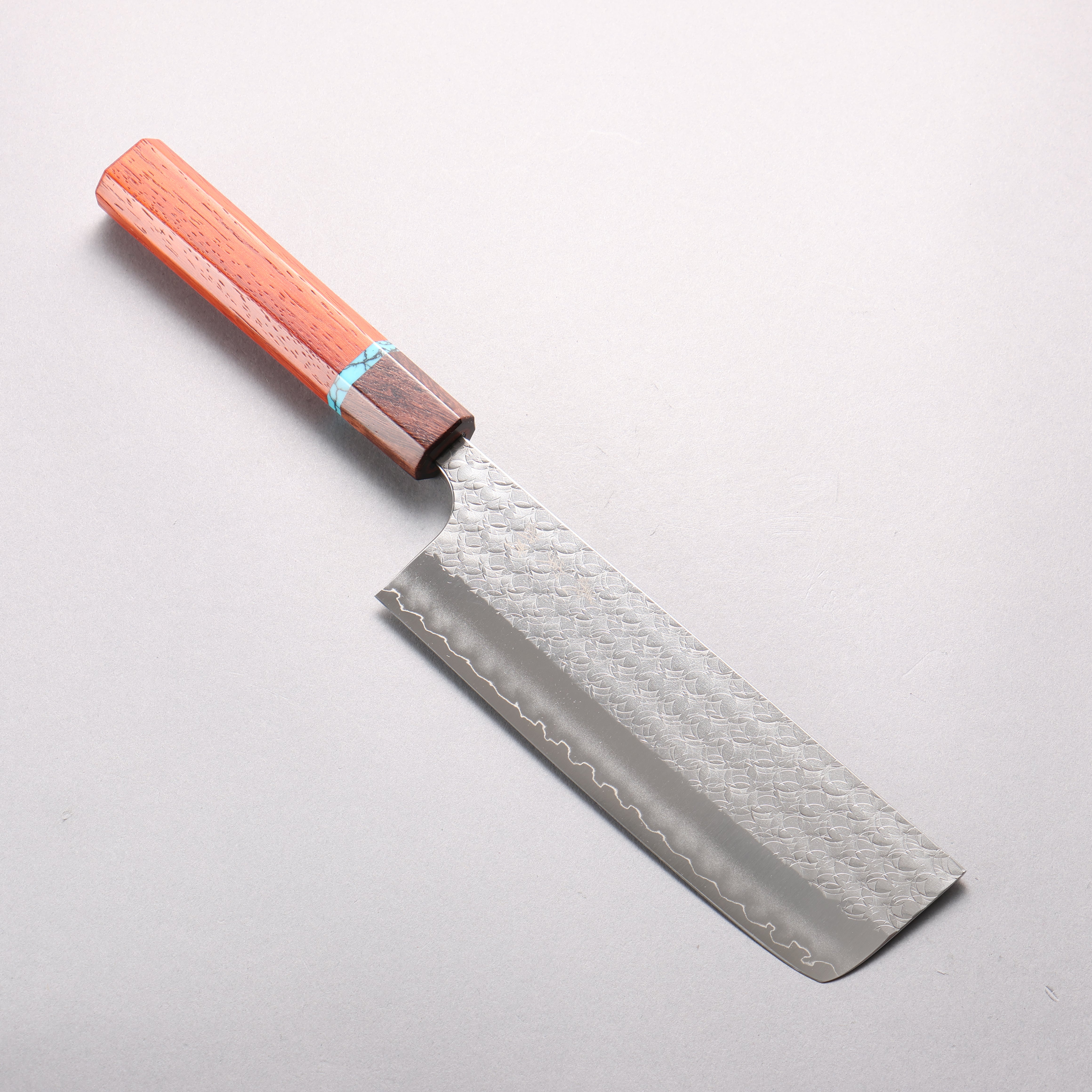 Yoshimi Kato Minamo SG2 Hammered Nakiri 165mm Padoauk & Turquoise Ring Handle - Seisuke Knife