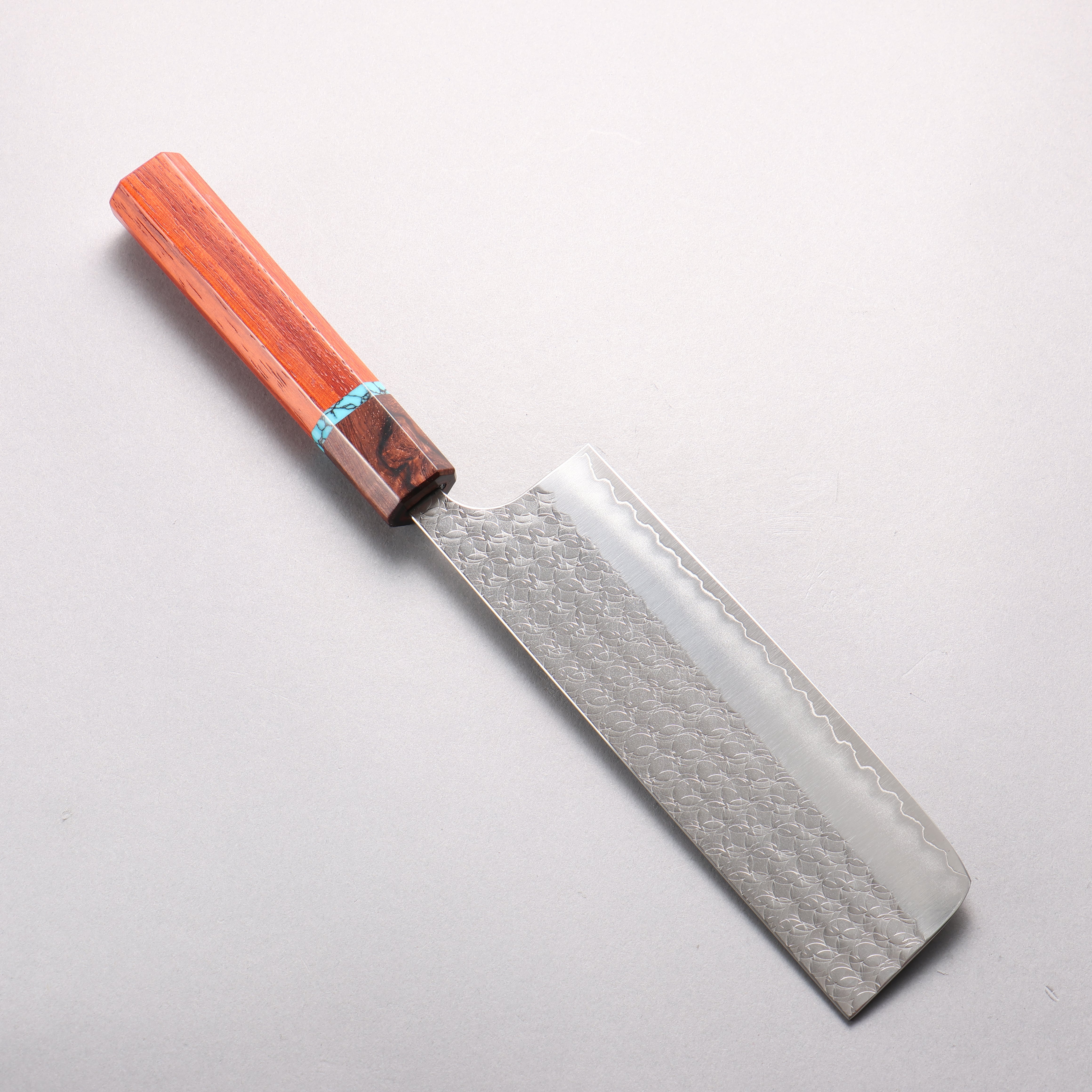 Yoshimi Kato Minamo SG2 Hammered Nakiri 165mm Padoauk & Turquoise Ring Handle - Seisuke Knife