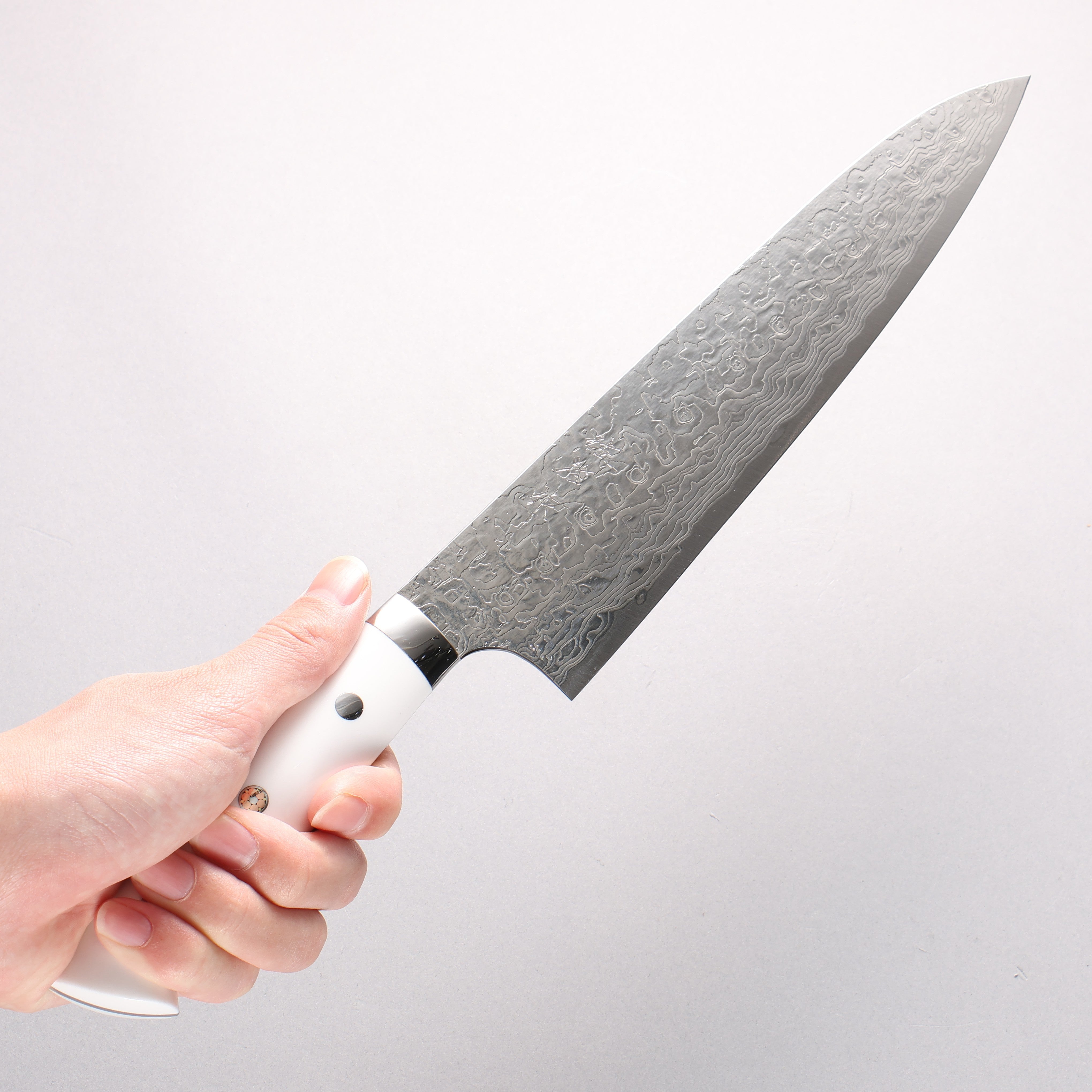 Takeshi Saji SG2 Diamond Finish Damascus Gyuto 240mm White Corian Handle - Seisuke Knife